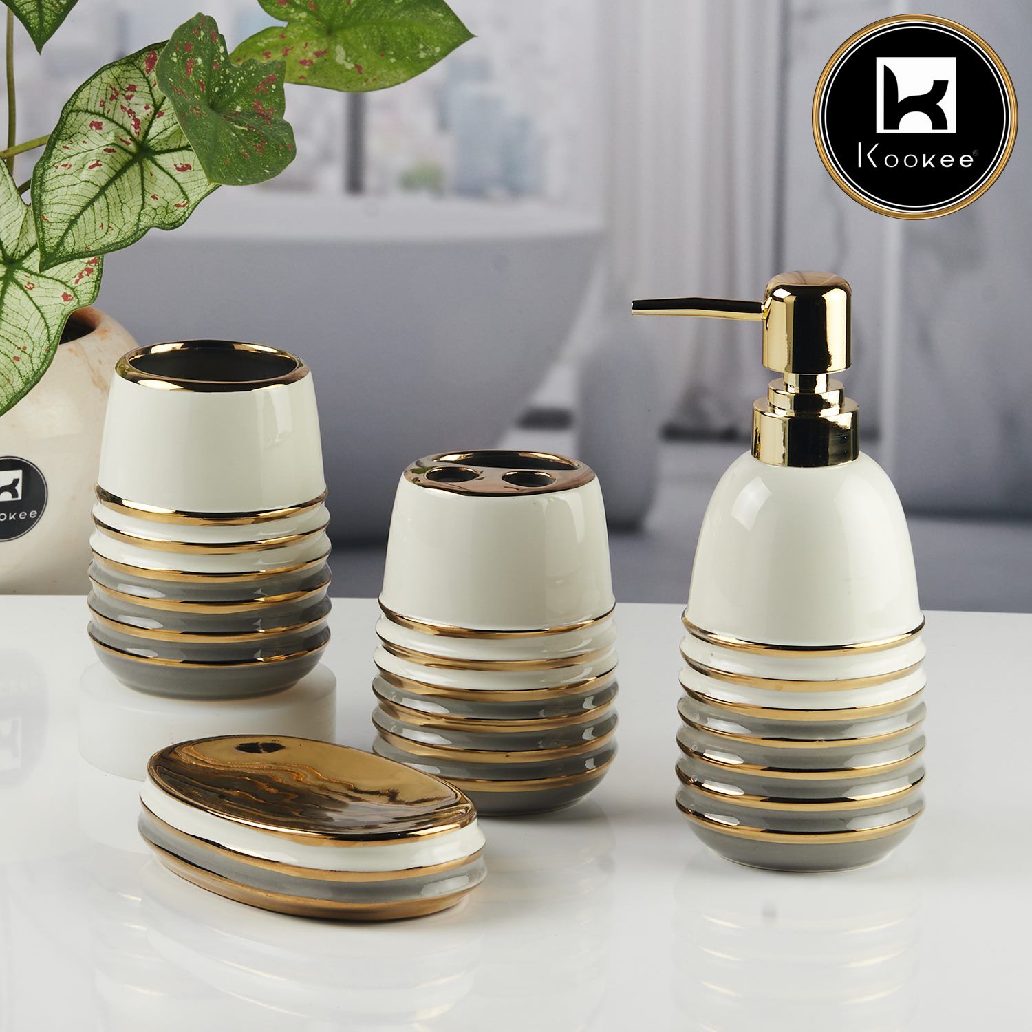 Ceramic Bathroom Accessories Set of 4 with Soap Dispenser (11422)