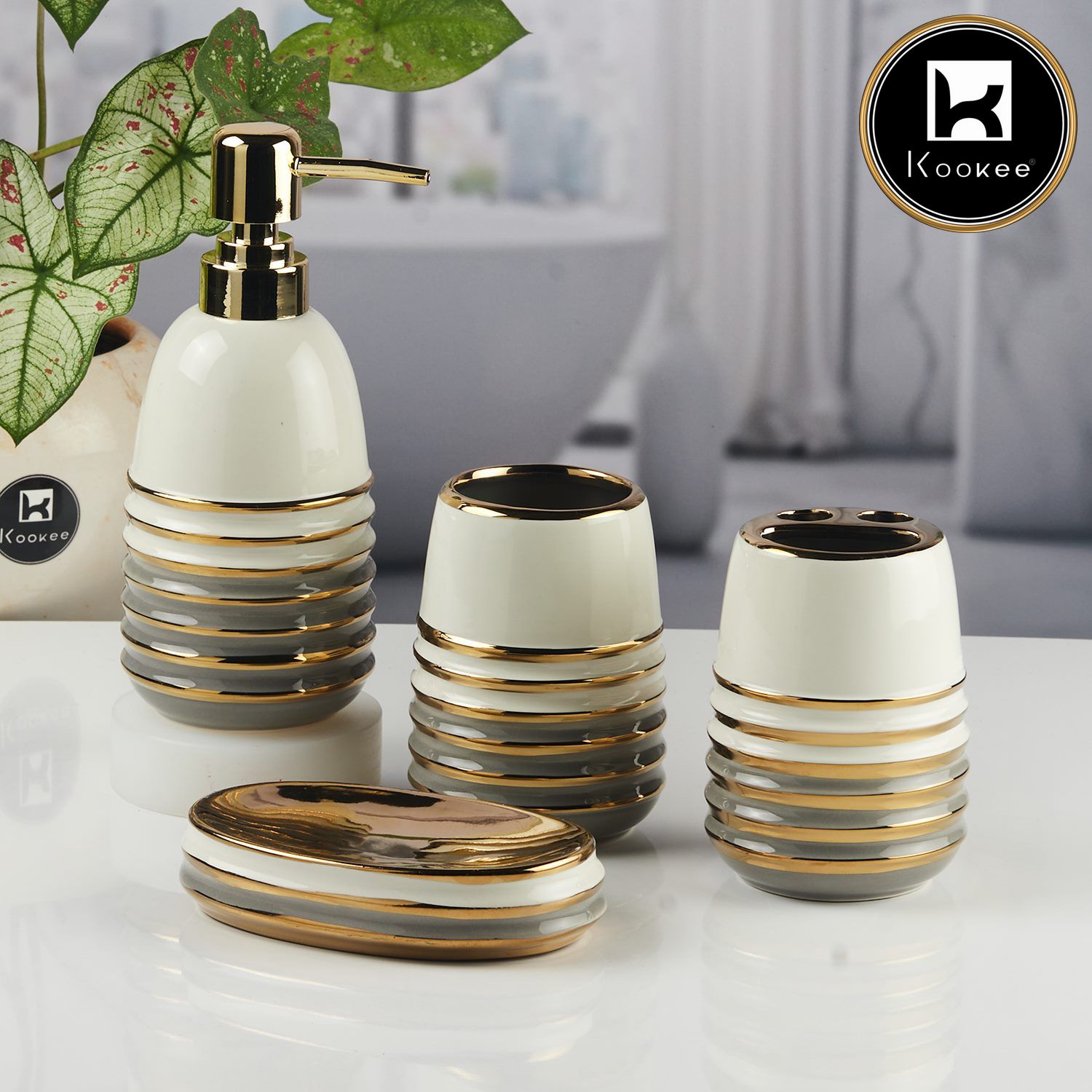 Ceramic Bathroom Accessories Set of 4 with Soap Dispenser (11422)
