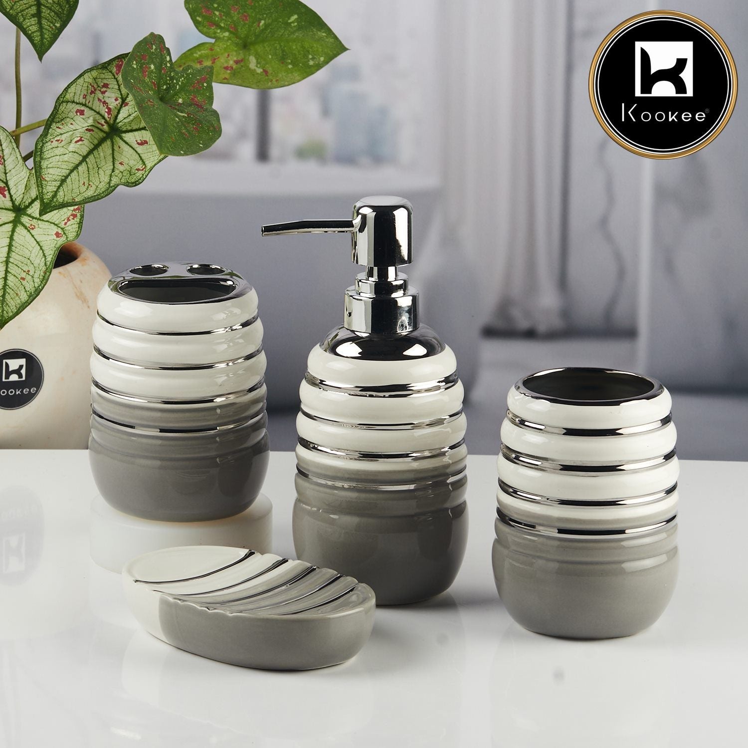 Ceramic Bathroom Accessories Set of 4 with Soap Dispenser (11423)