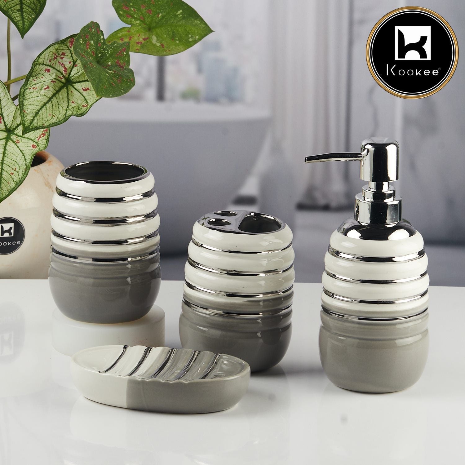 Ceramic Bathroom Accessories Set of 4 with Soap Dispenser (11423)