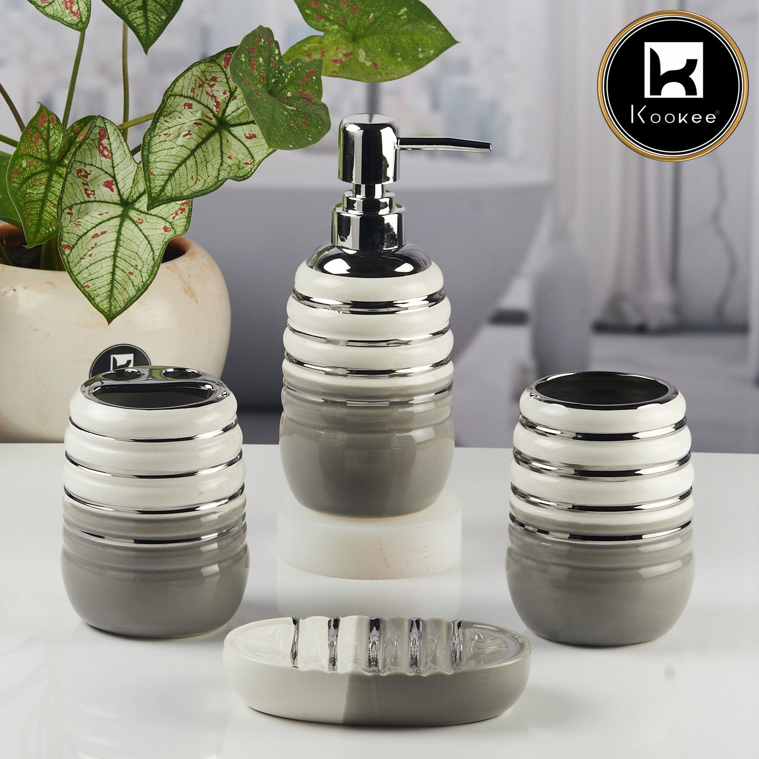 Ceramic Bathroom Accessories Set of 4 with Soap Dispenser (11423)