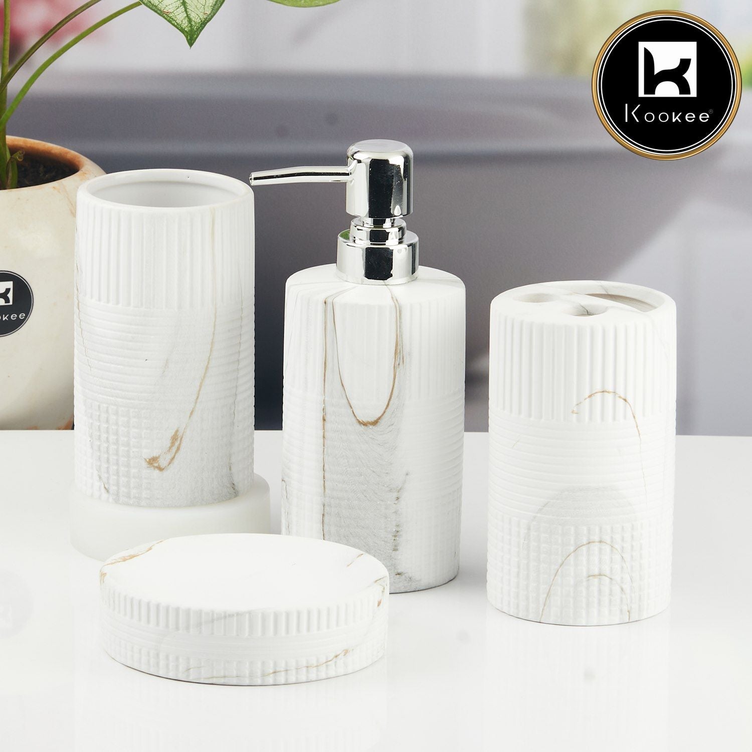 Ceramic Bathroom Accessories Set of 4 with Soap Dispenser (11424)