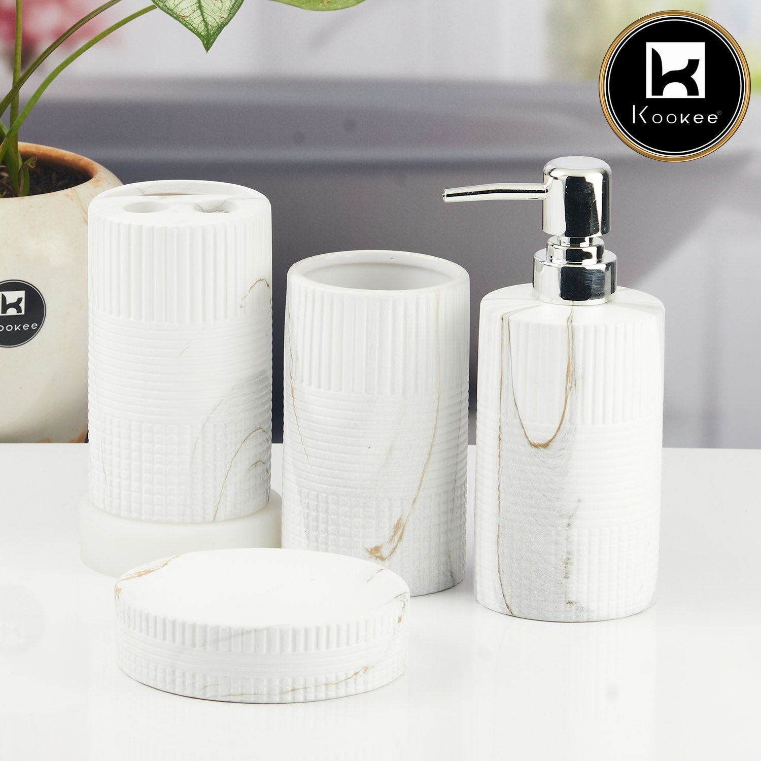 Ceramic Bathroom Accessories Set of 4 with Soap Dispenser (11424)