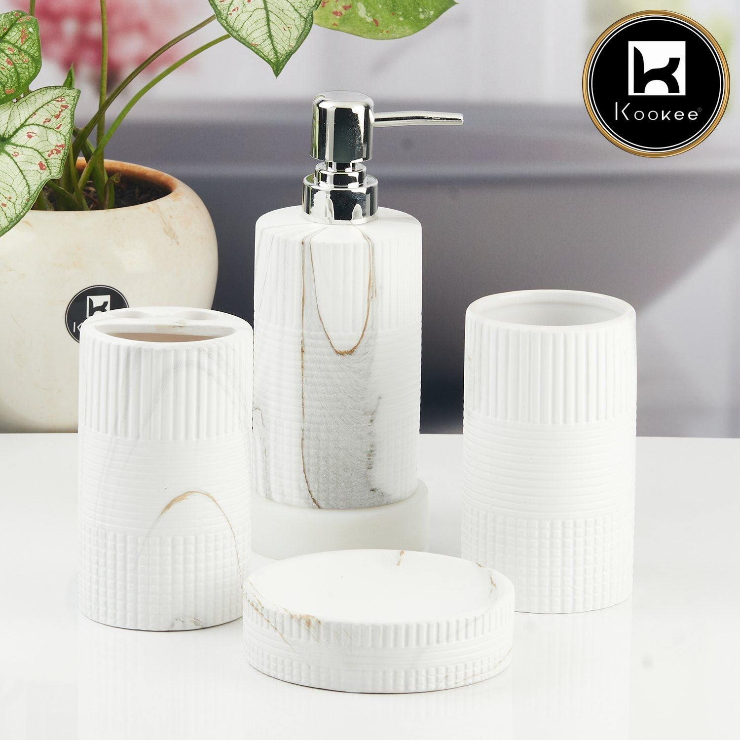 Ceramic Bathroom Accessories Set of 4 with Soap Dispenser (11424)