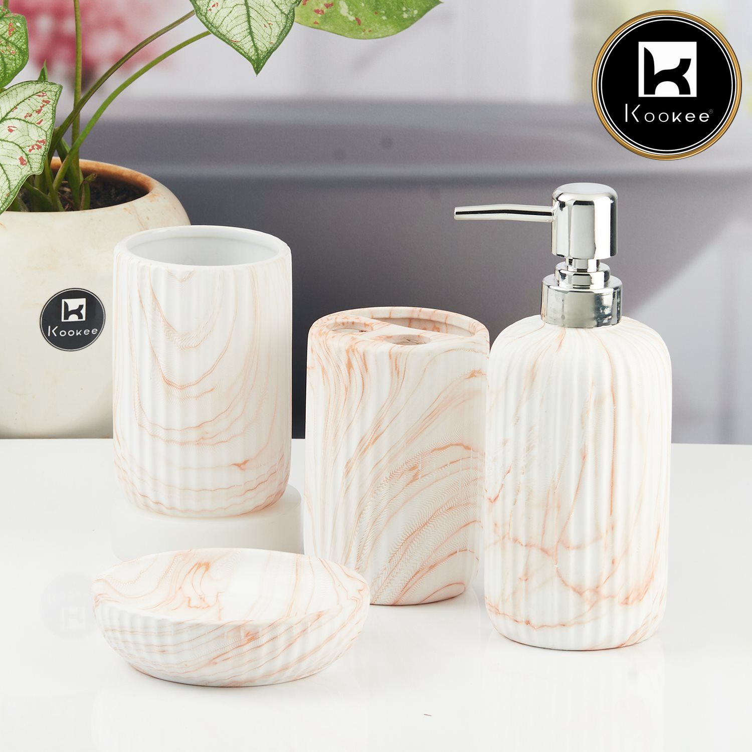 Ceramic Bathroom Accessories Set of 4 with Soap Dispenser (11425)