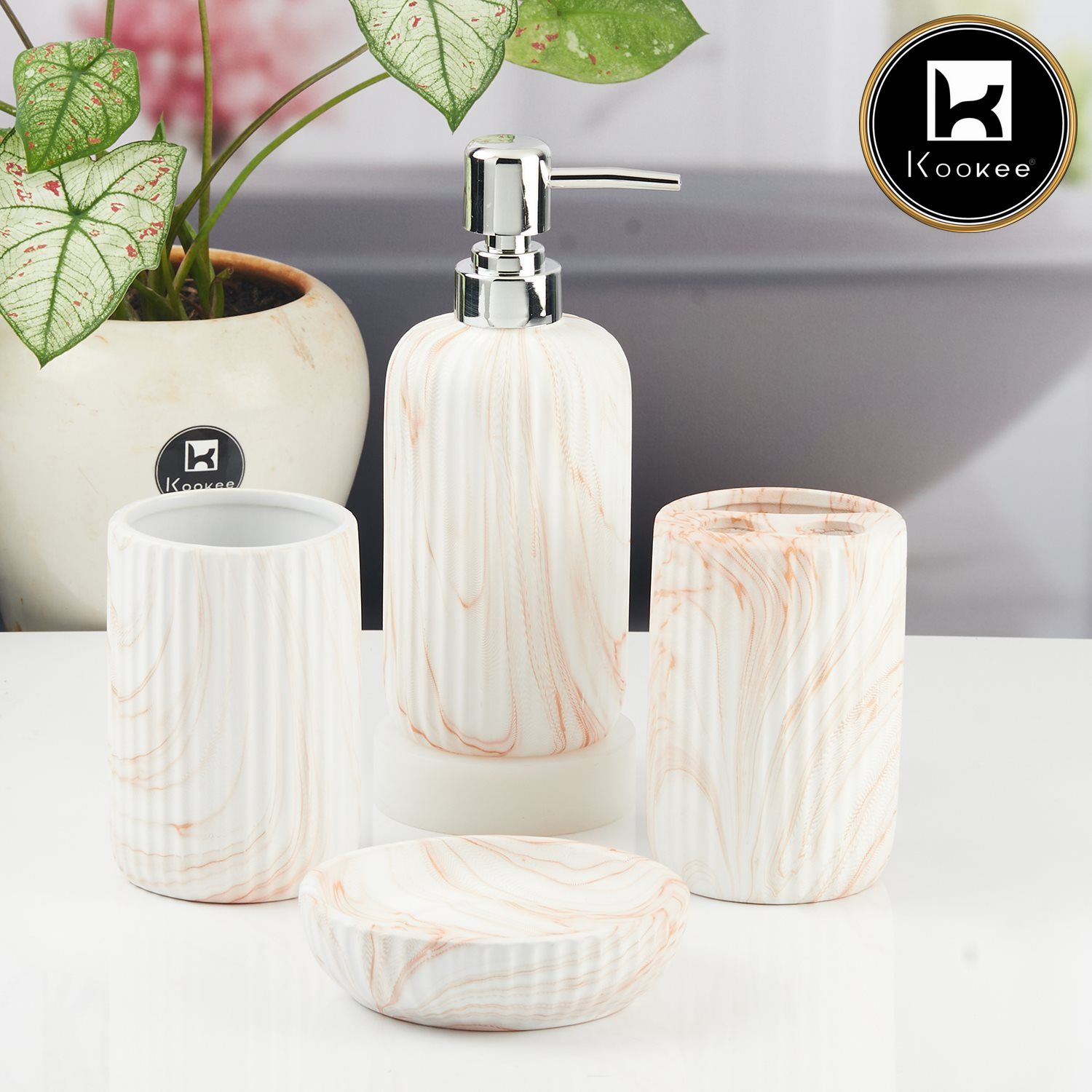 Ceramic Bathroom Accessories Set of 4 with Soap Dispenser (11425)