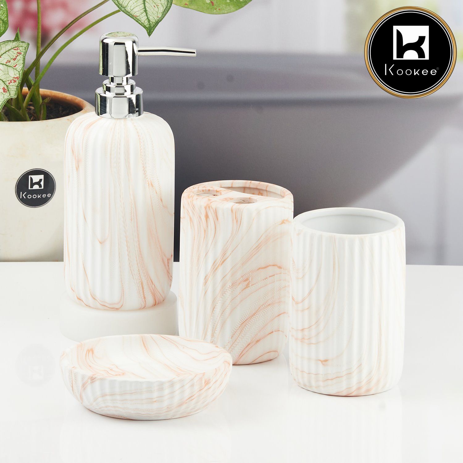 Ceramic Bathroom Accessories Set of 4 with Soap Dispenser (11425)