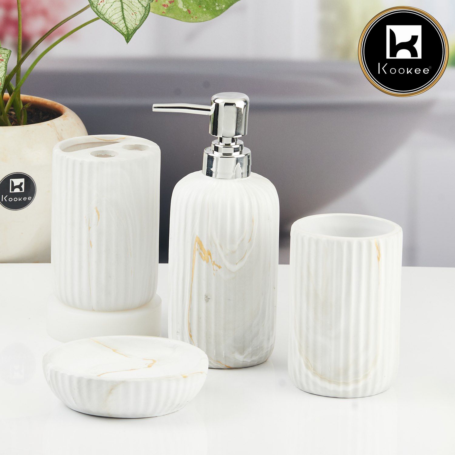 Ceramic Bathroom Accessories Set of 4 with Soap Dispenser (11426)