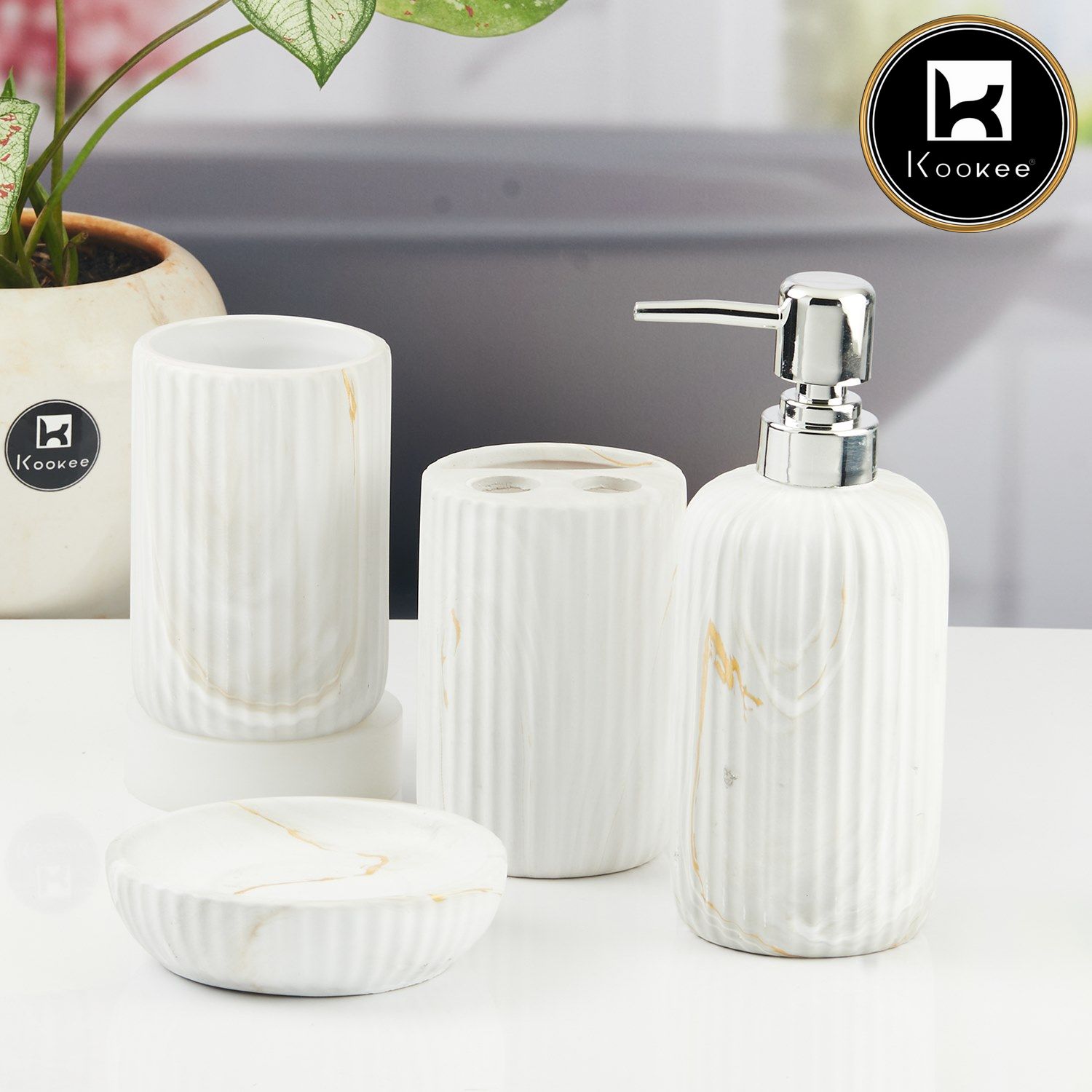 Ceramic Bathroom Accessories Set of 4 with Soap Dispenser (11426)