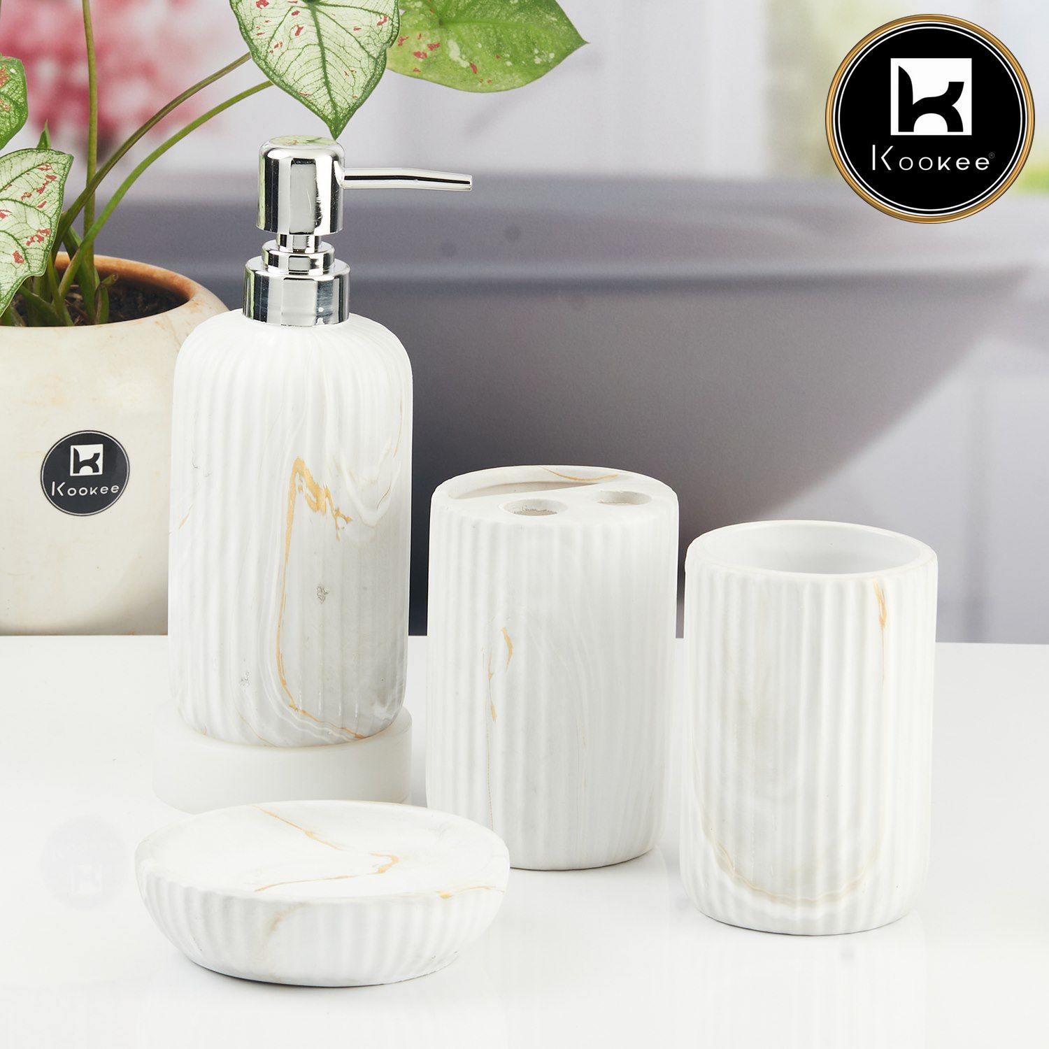 Ceramic Bathroom Accessories Set of 4 with Soap Dispenser (11426)