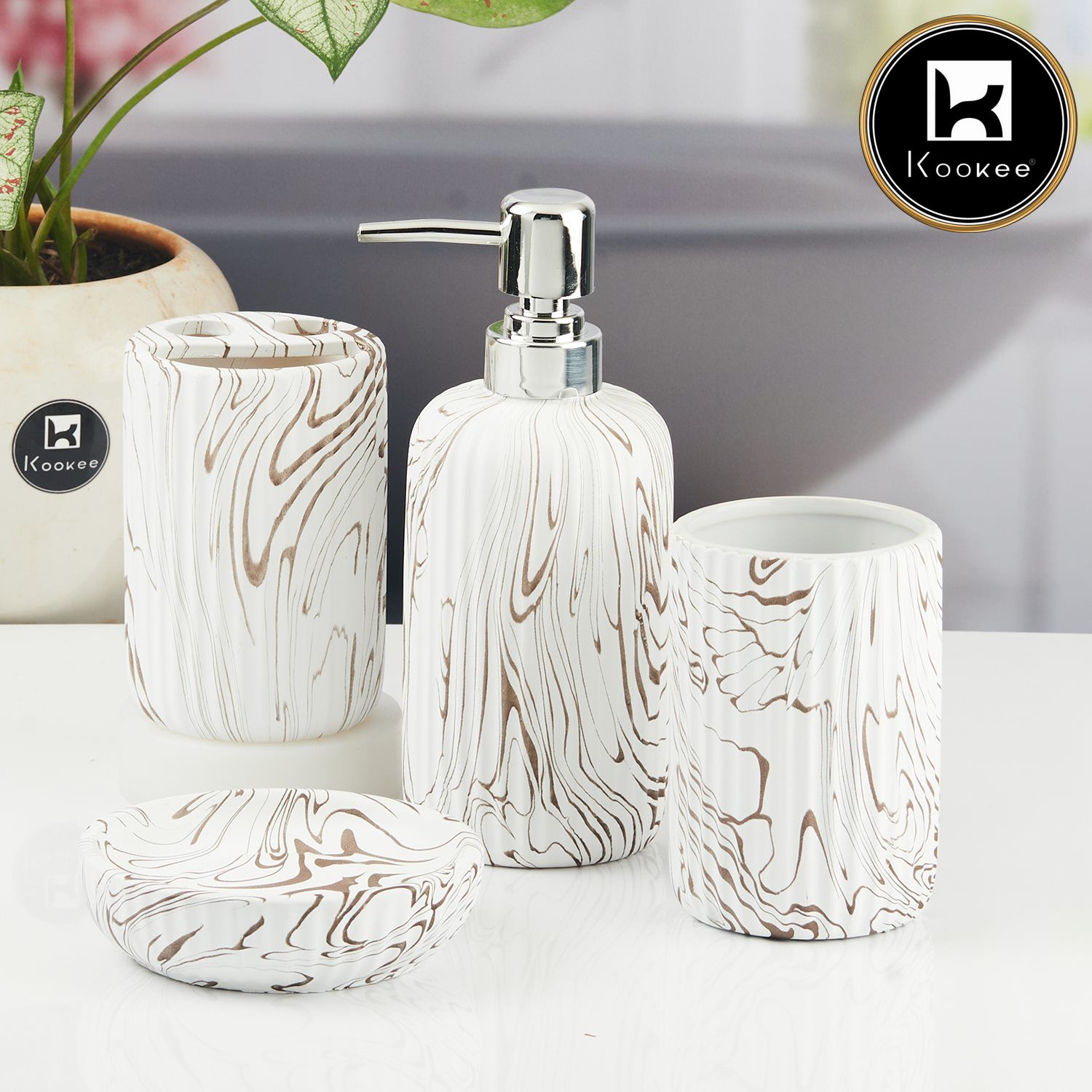 Ceramic Bathroom Accessories Set of 4 with Soap Dispenser (11427)