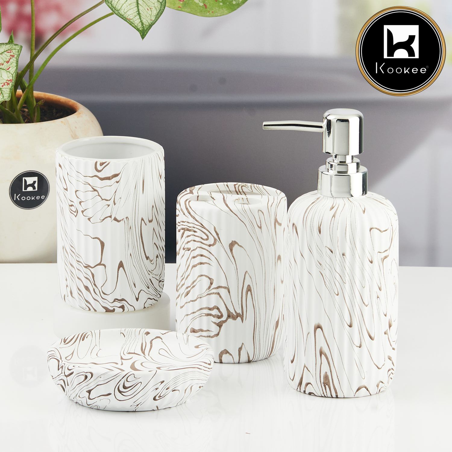 Ceramic Bathroom Accessories Set of 4 with Soap Dispenser (11427)