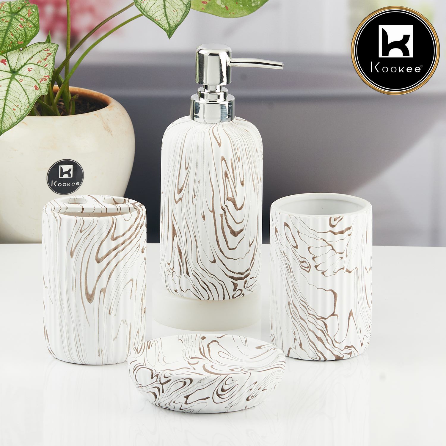 Ceramic Bathroom Accessories Set of 4 with Soap Dispenser (11427)