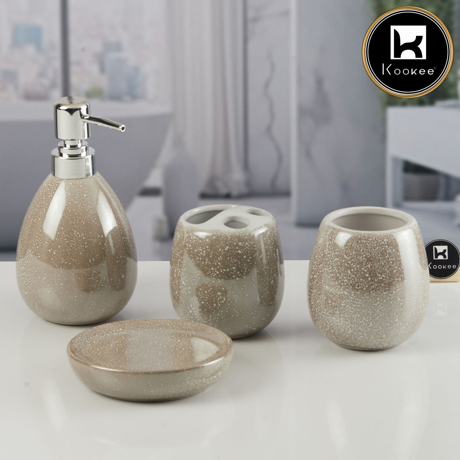 Kookee Ceramic Bathroom Accessories Set of 4, Modern Bath Set with Liquid handwash Soap Dispenser and Toothbrush holder, Luxury Gift Accessory for Home