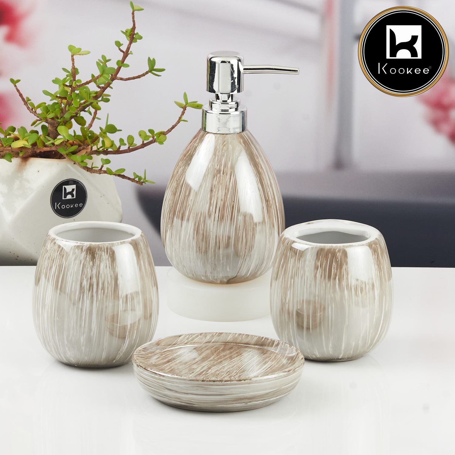 Ceramic Bathroom Accessories Set of 4 with Soap Dispenser (11430)