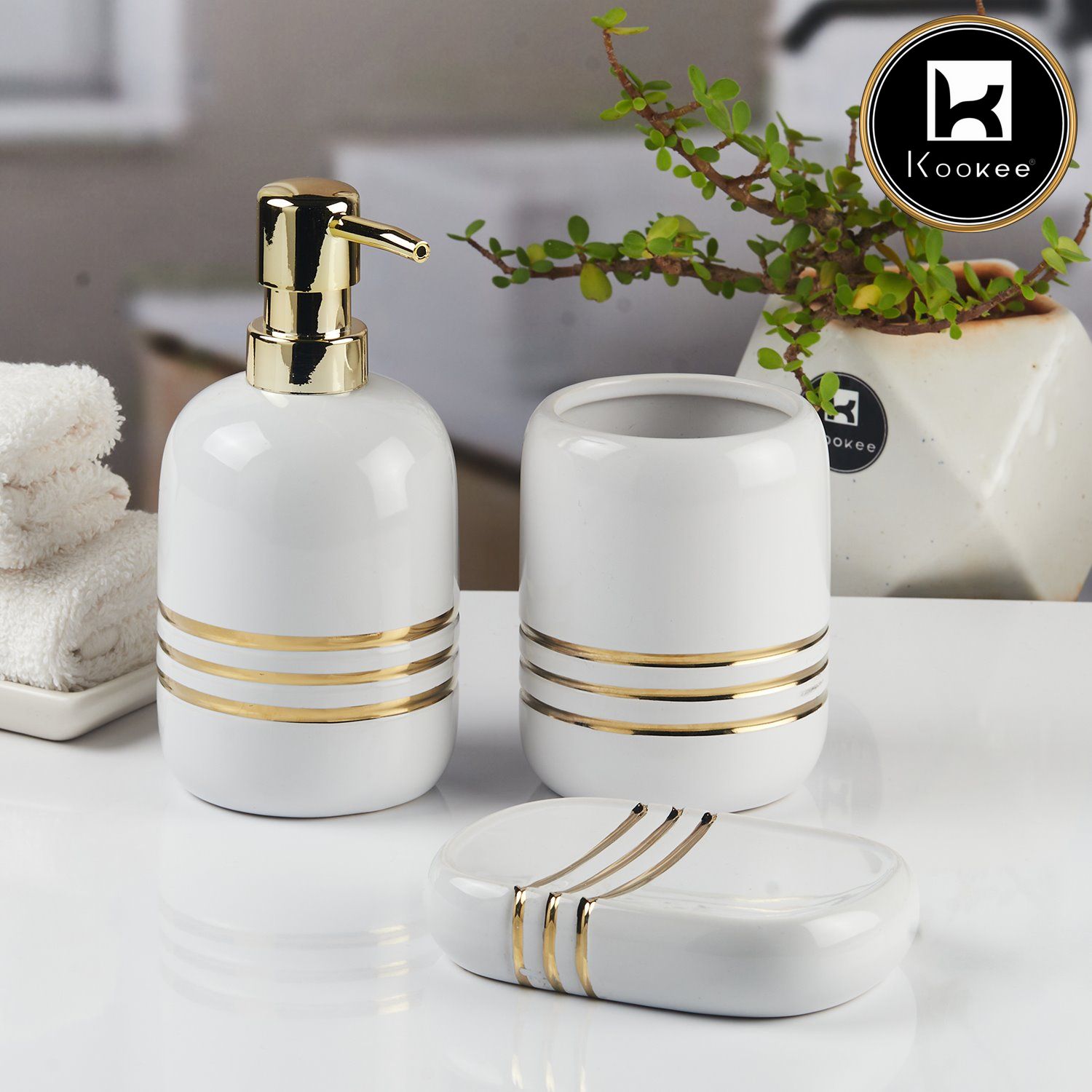 Ceramic Bathroom Accessories Set of 3 with Soap Dispenser (11432)