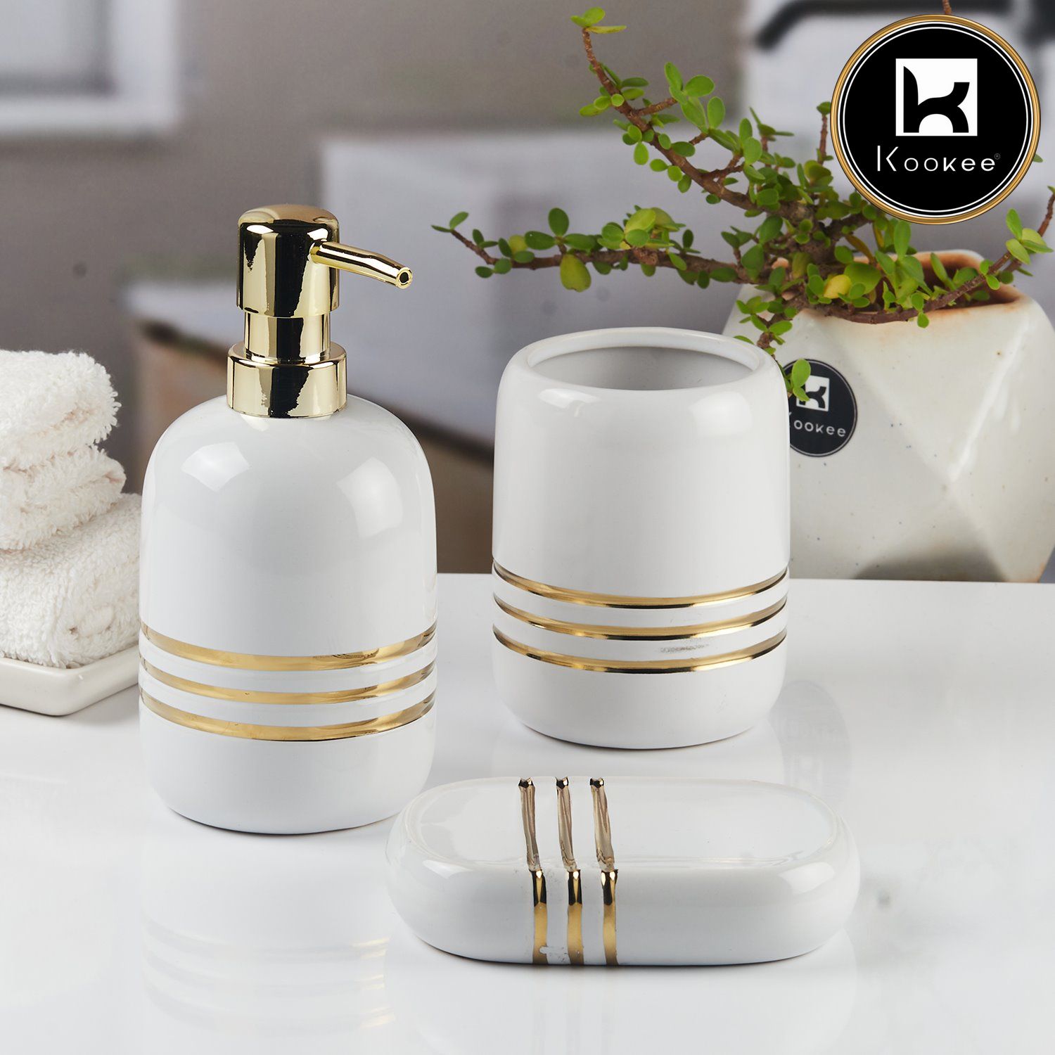 Ceramic Bathroom Accessories Set of 3 with Soap Dispenser (11432)