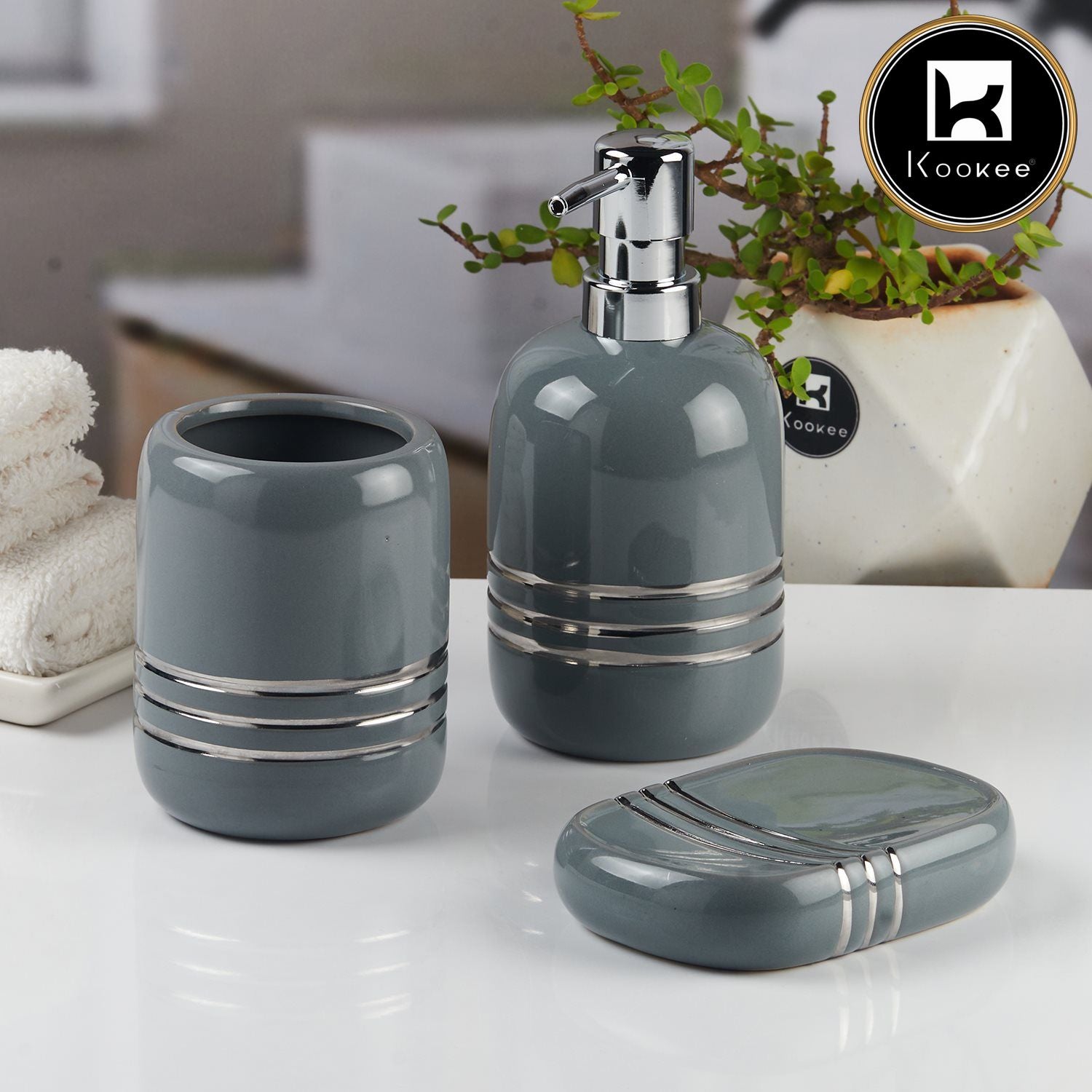 Kookee Ceramic Bathroom Sets, Grey, ART11433
