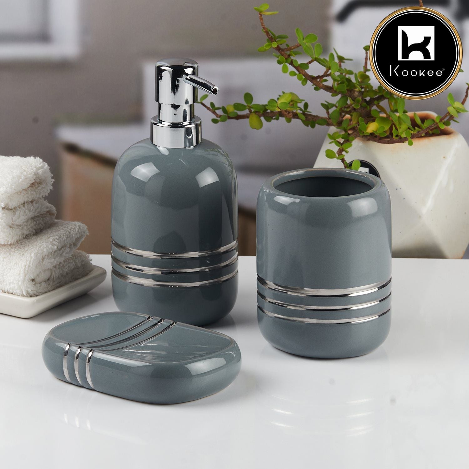 Ceramic Bathroom Accessories Set of 3 with Soap Dispenser (11433)