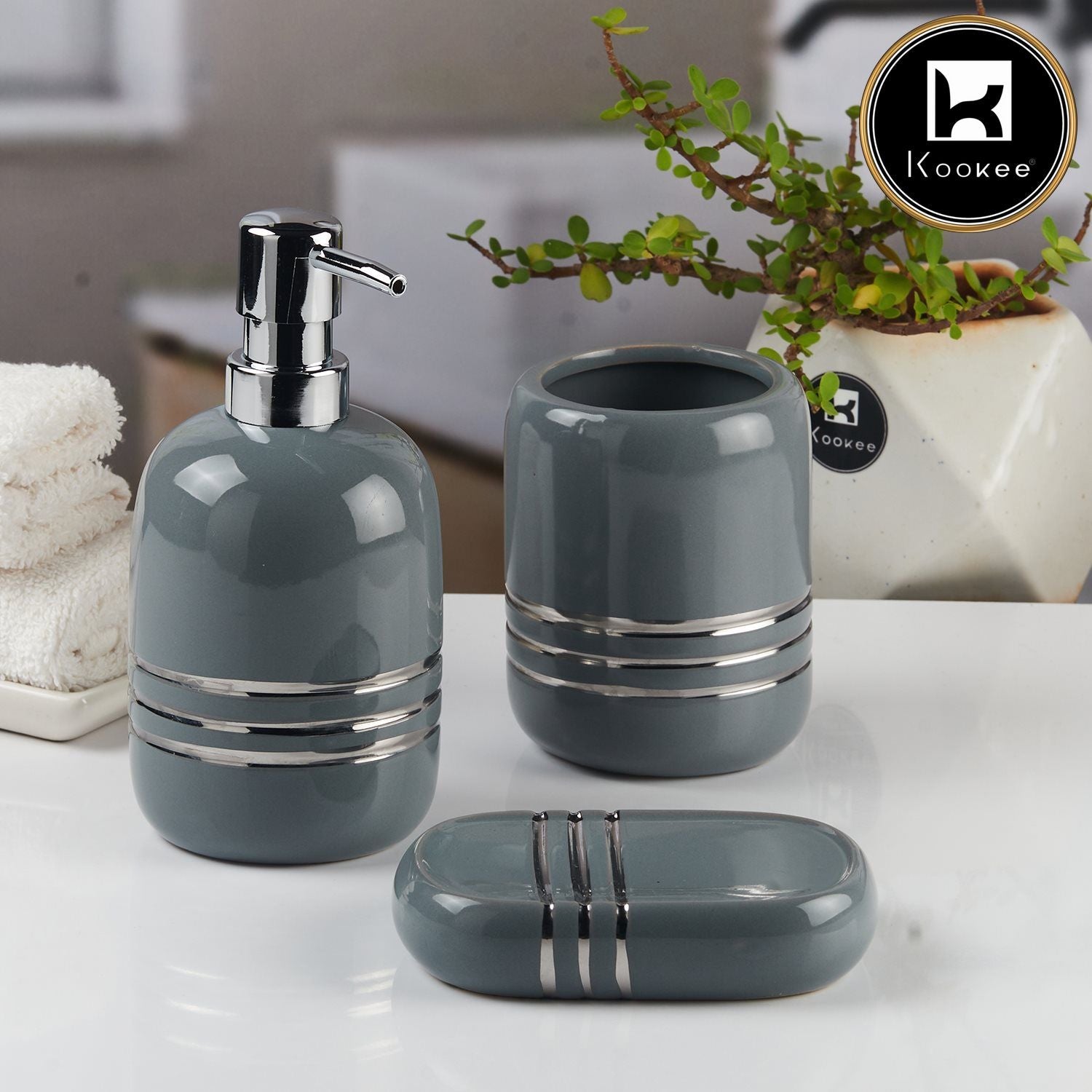 Ceramic Bathroom Accessories Set of 3 with Soap Dispenser (11433)