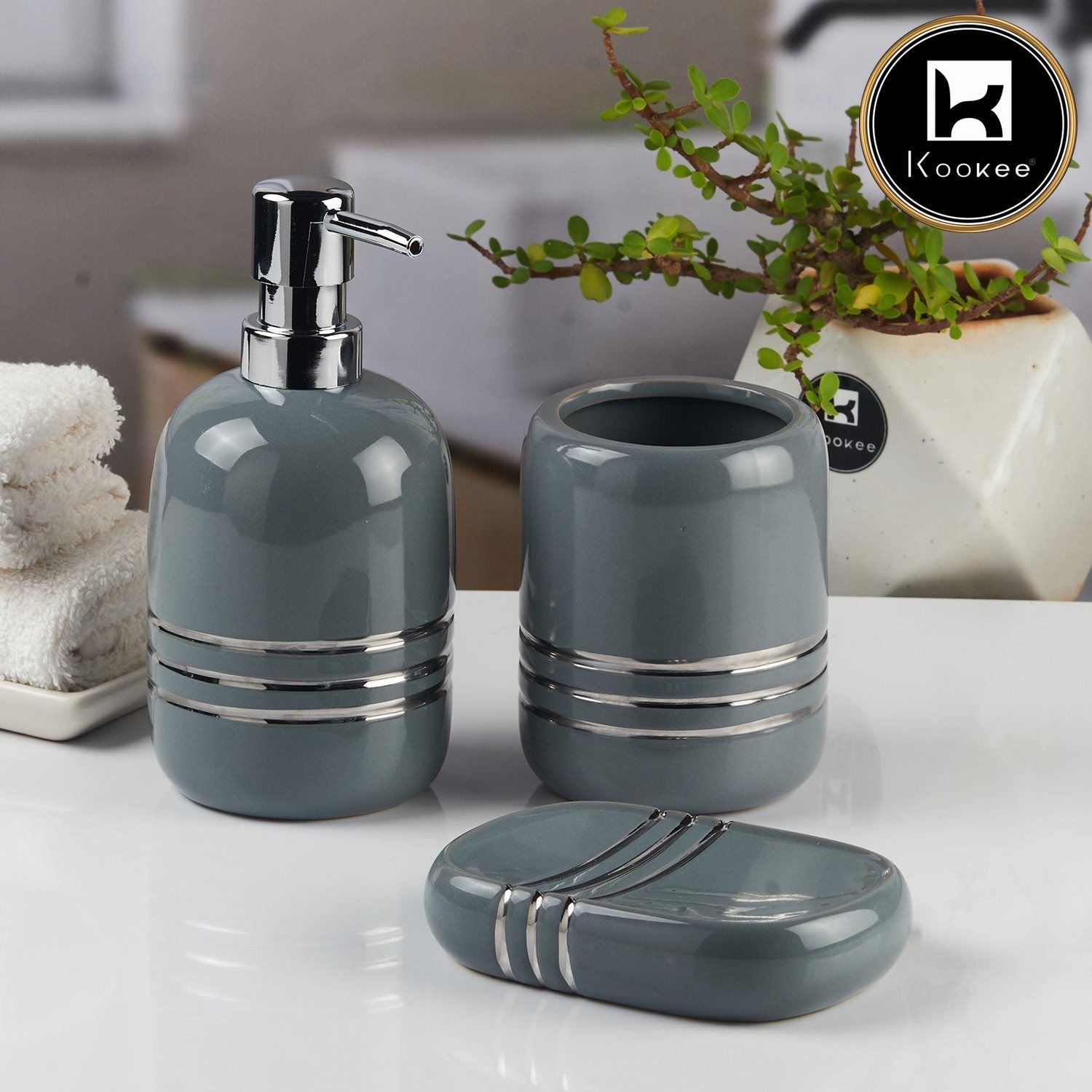 Kookee Ceramic Bathroom Accessories Set of 3, Modern Bath Set with Liquid handwash Soap Dispenser and Toothbrush holder, Luxury Gift Accessory for Home, Grey