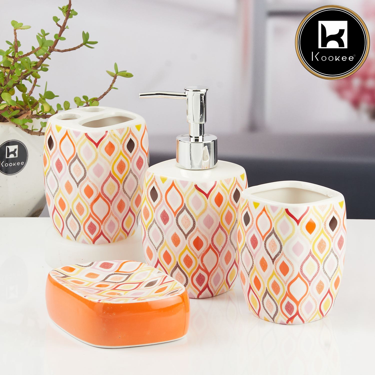 Ceramic Bathroom Accessories Set of 4 with Soap Dispenser (11434)