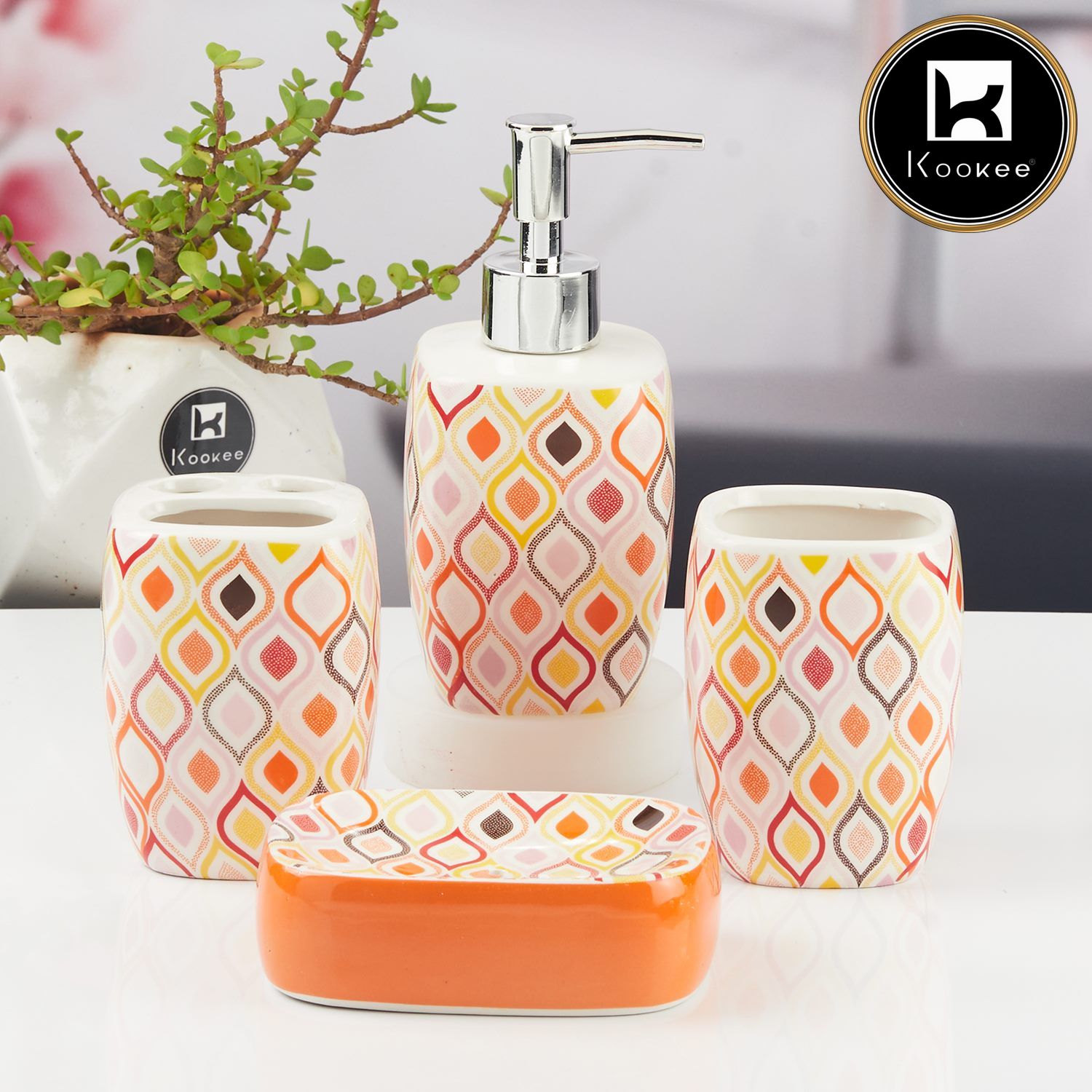 Ceramic Bathroom Accessories Set of 4 with Soap Dispenser (11434)