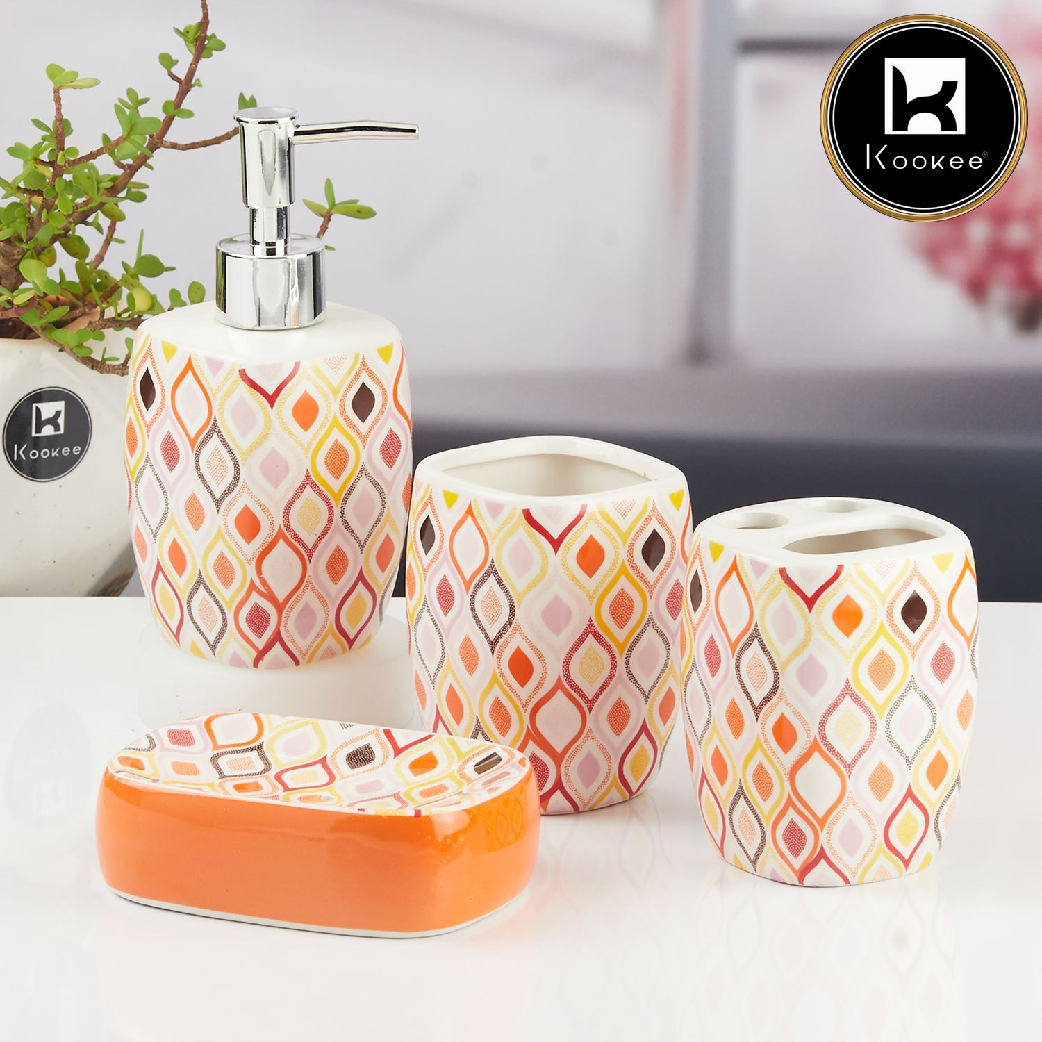 Ceramic Bathroom Accessories Set of 4 with Soap Dispenser (11434)