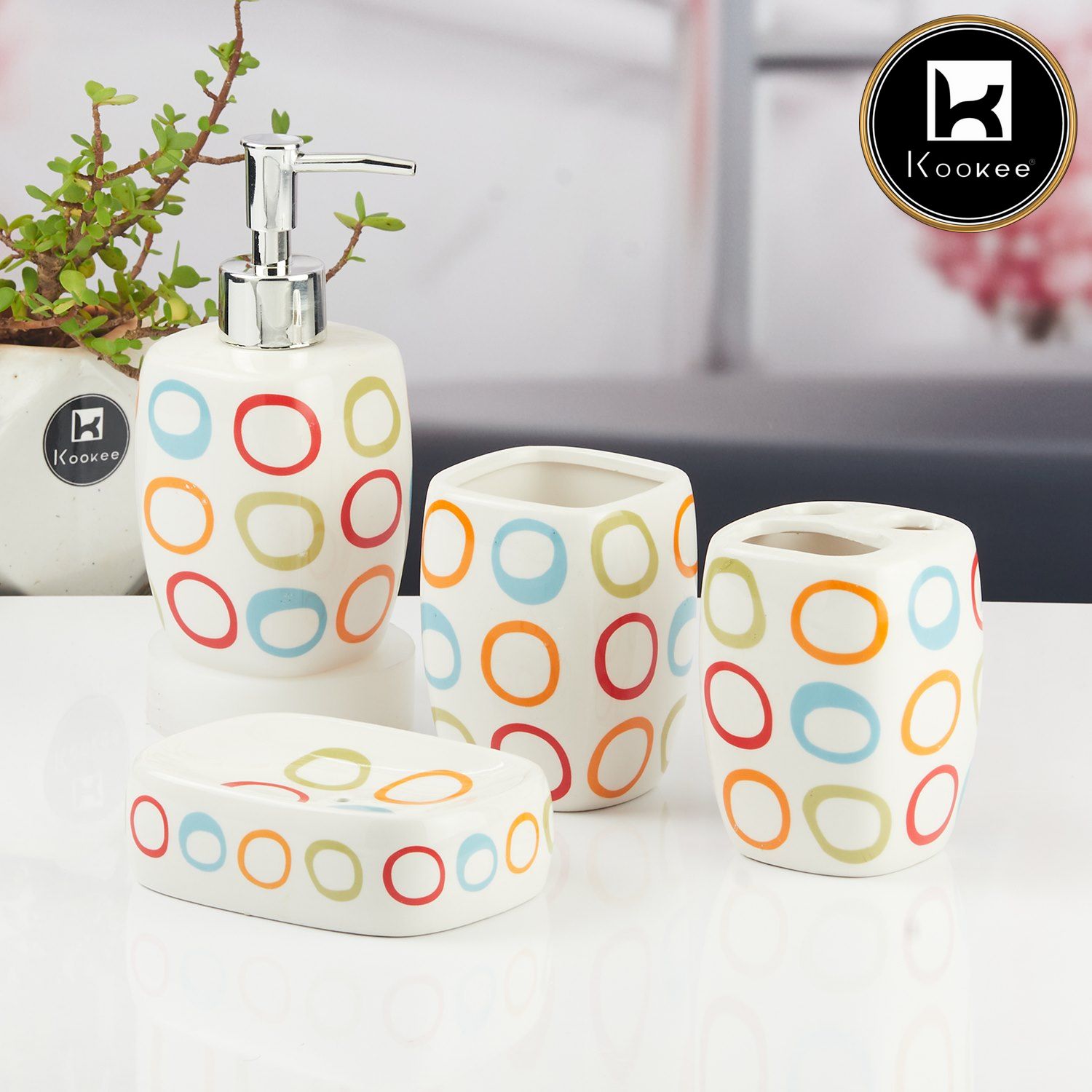 Ceramic Bathroom Accessories Set of 4 with Soap Dispenser (11435)