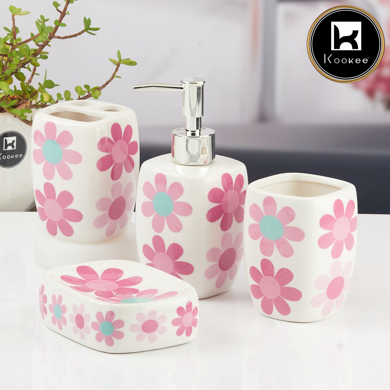 Kookee Ceramic Bathroom Sets, Pink, ART11436