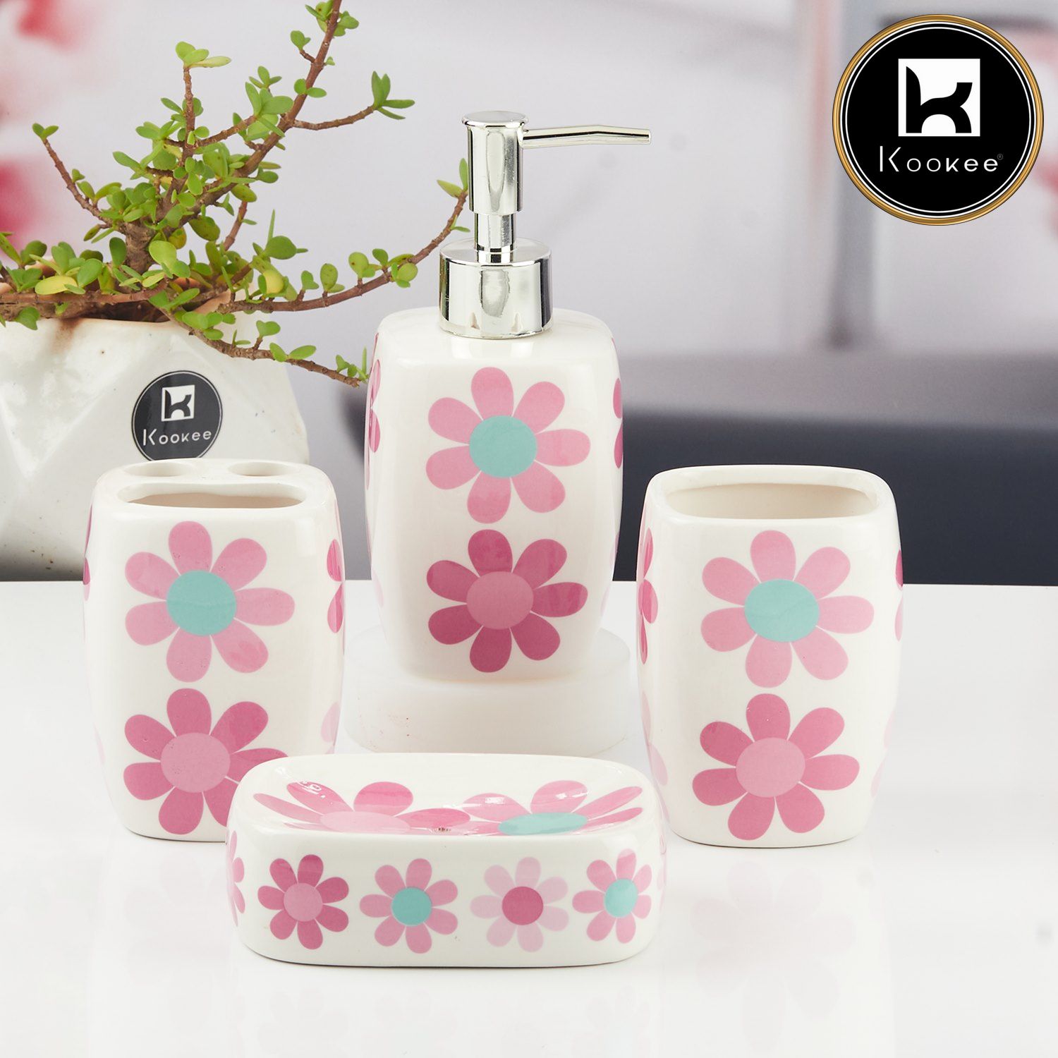 Ceramic Bathroom Accessories Set of 4 with Soap Dispenser (11436)