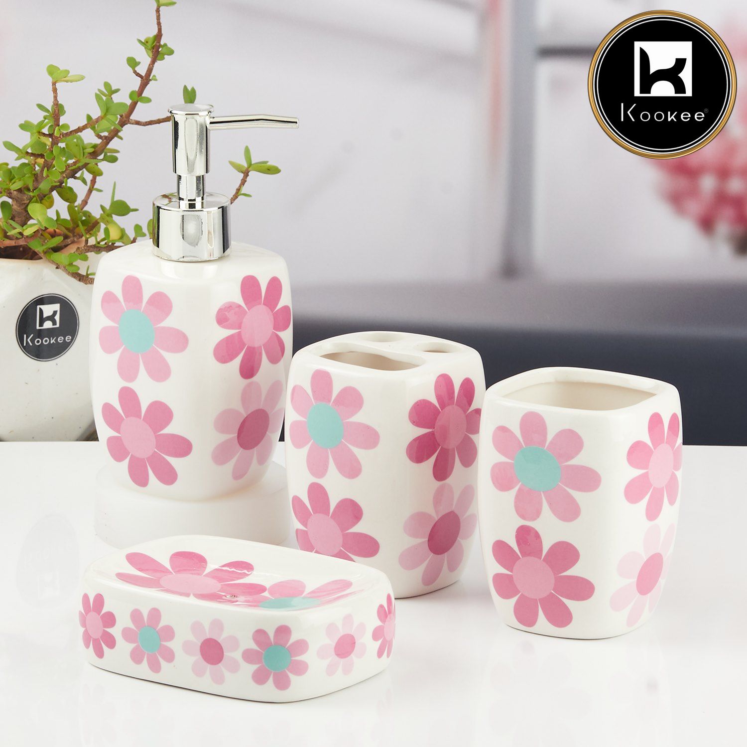 Ceramic Bathroom Accessories Set of 4 with Soap Dispenser (11436)