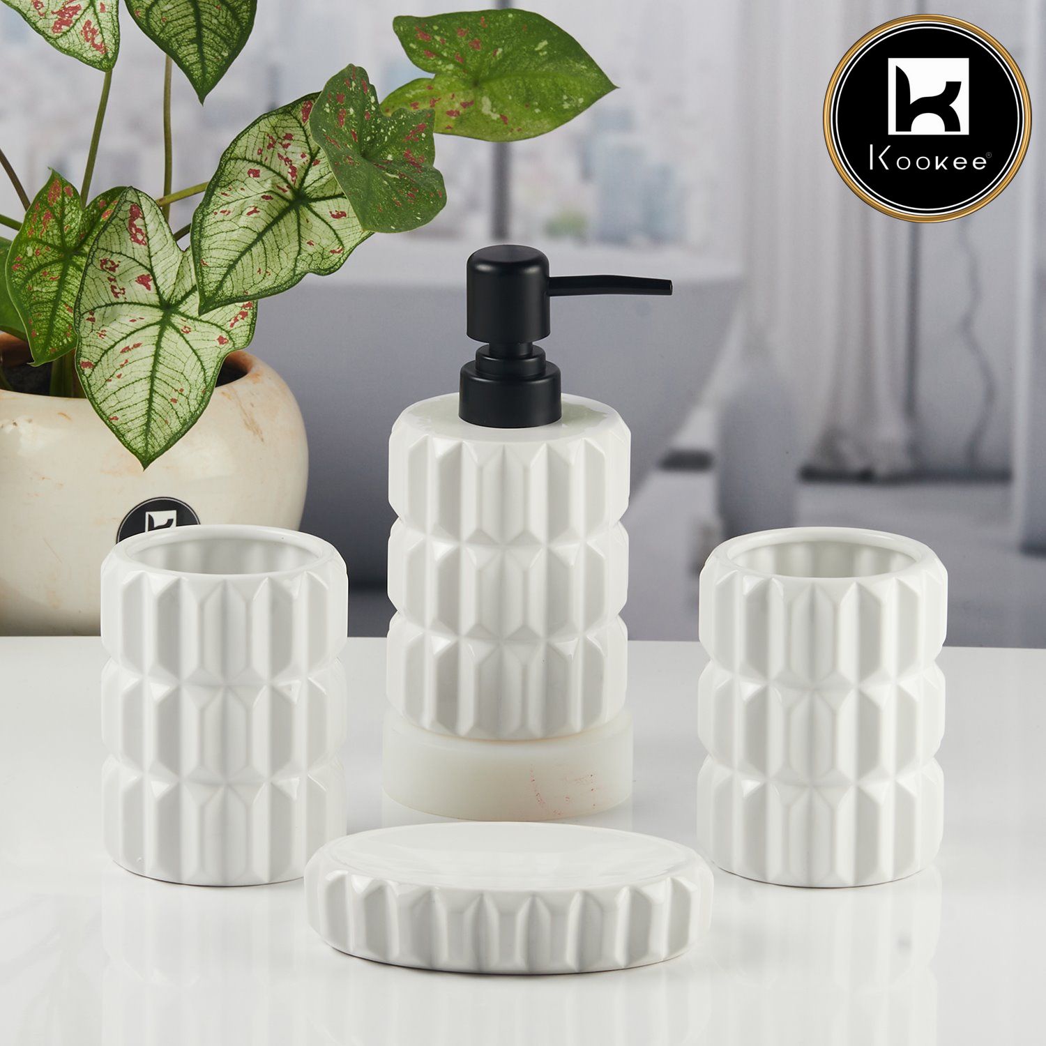 Ceramic Bathroom Accessories Set of 4 with Soap Dispenser (11437)