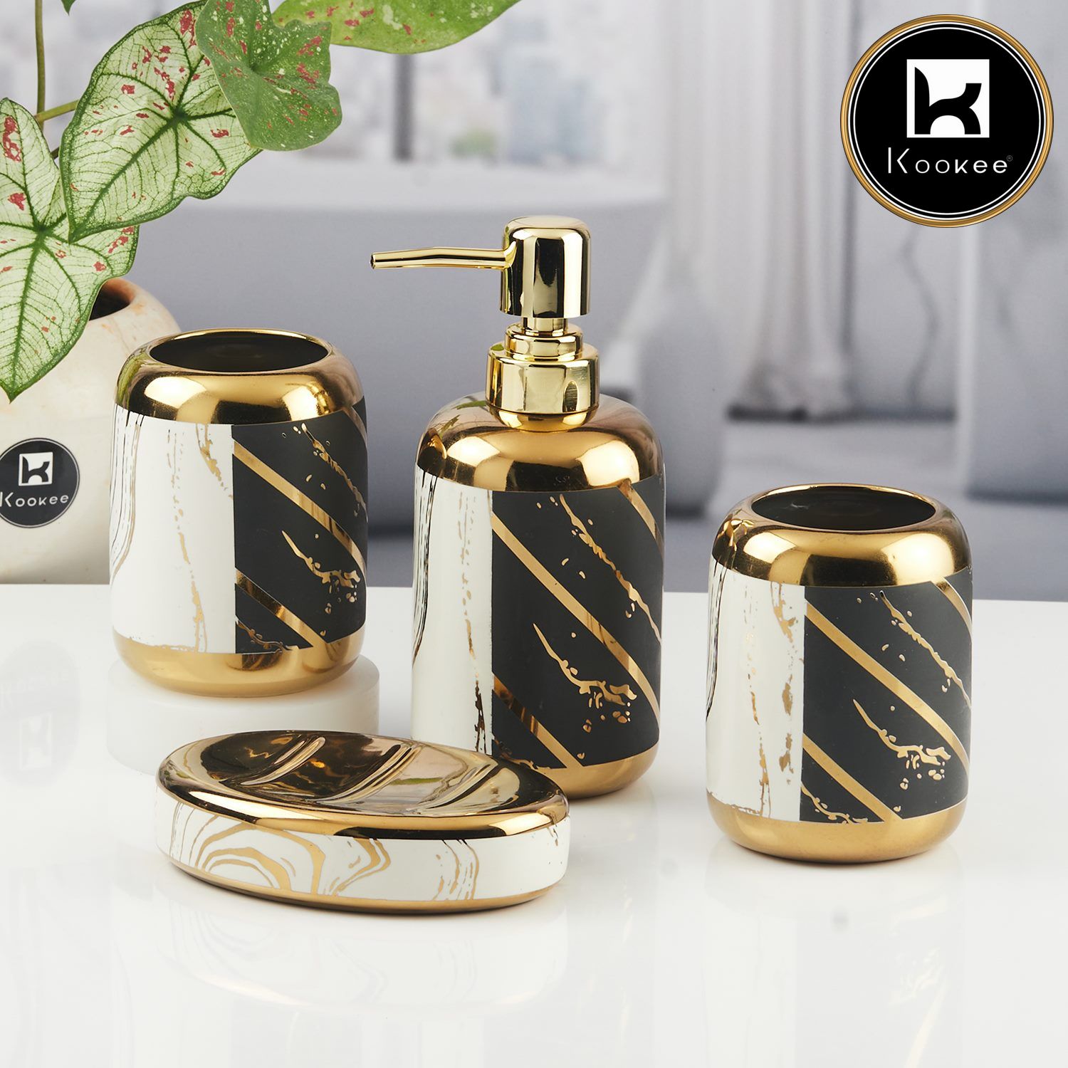 Ceramic Bathroom Accessories Set of 4 with Soap Dispenser (11438)
