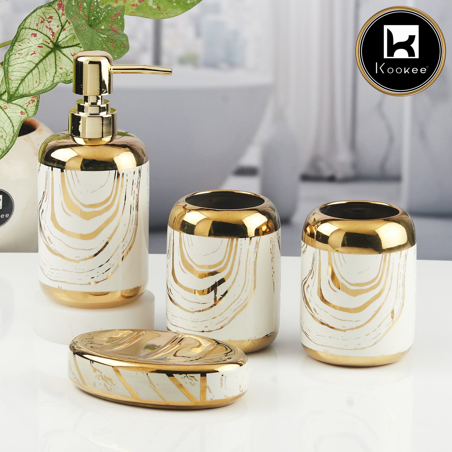 Ceramic Bathroom Accessories Set of 4 with Soap Dispenser (11439)