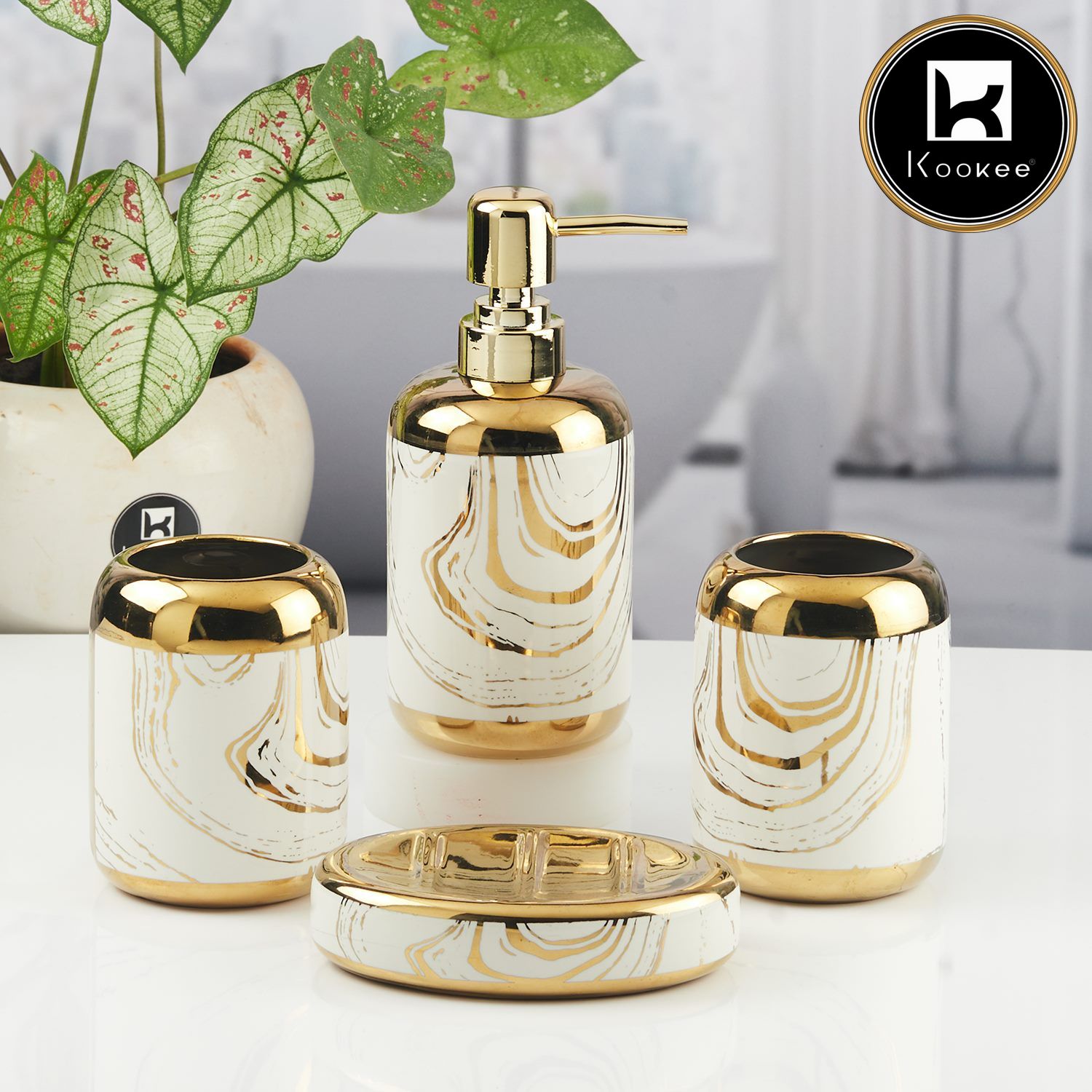 Ceramic Bathroom Accessories Set of 4 with Soap Dispenser (11439)