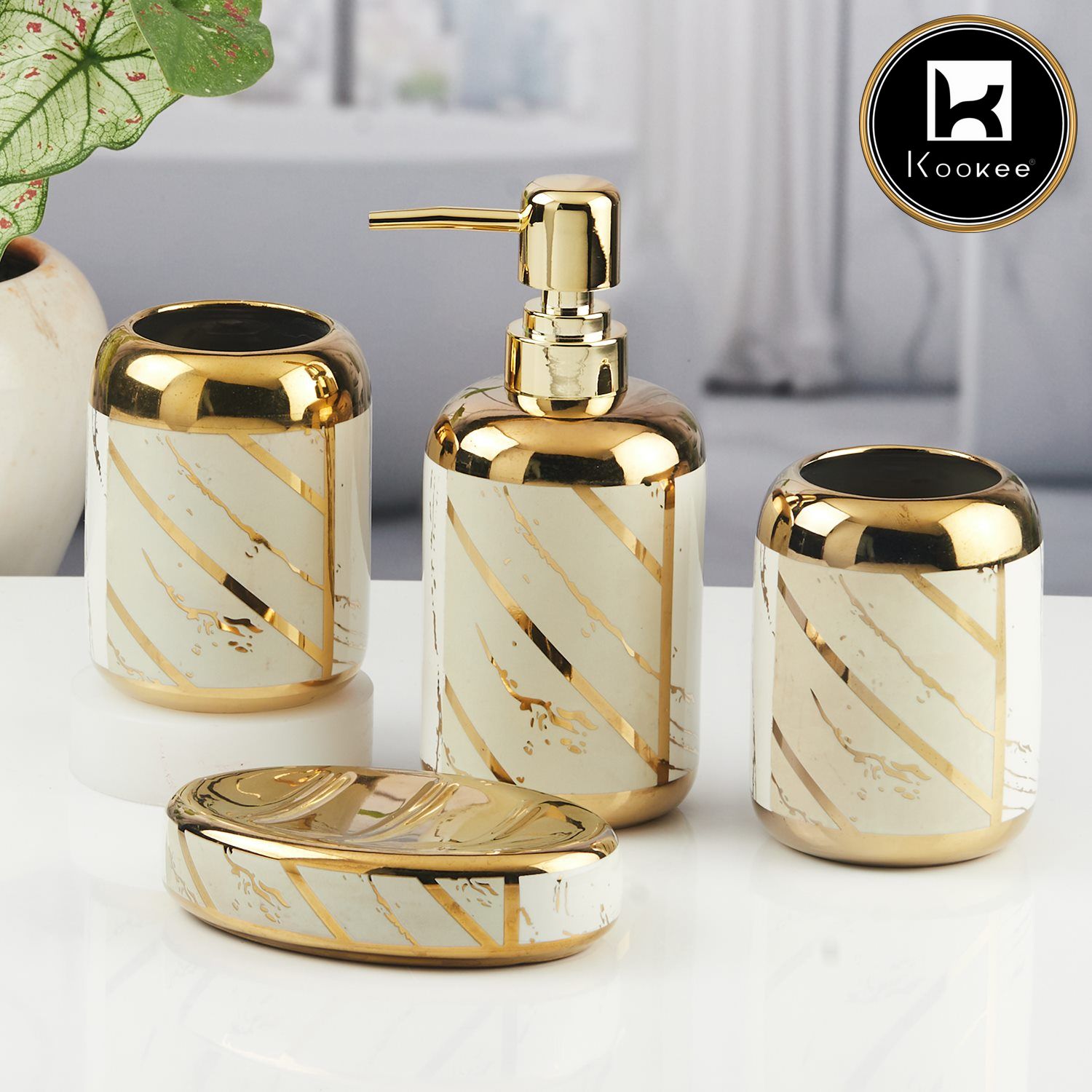 Ceramic Bathroom Accessories Set of 4 with Soap Dispenser (11439)