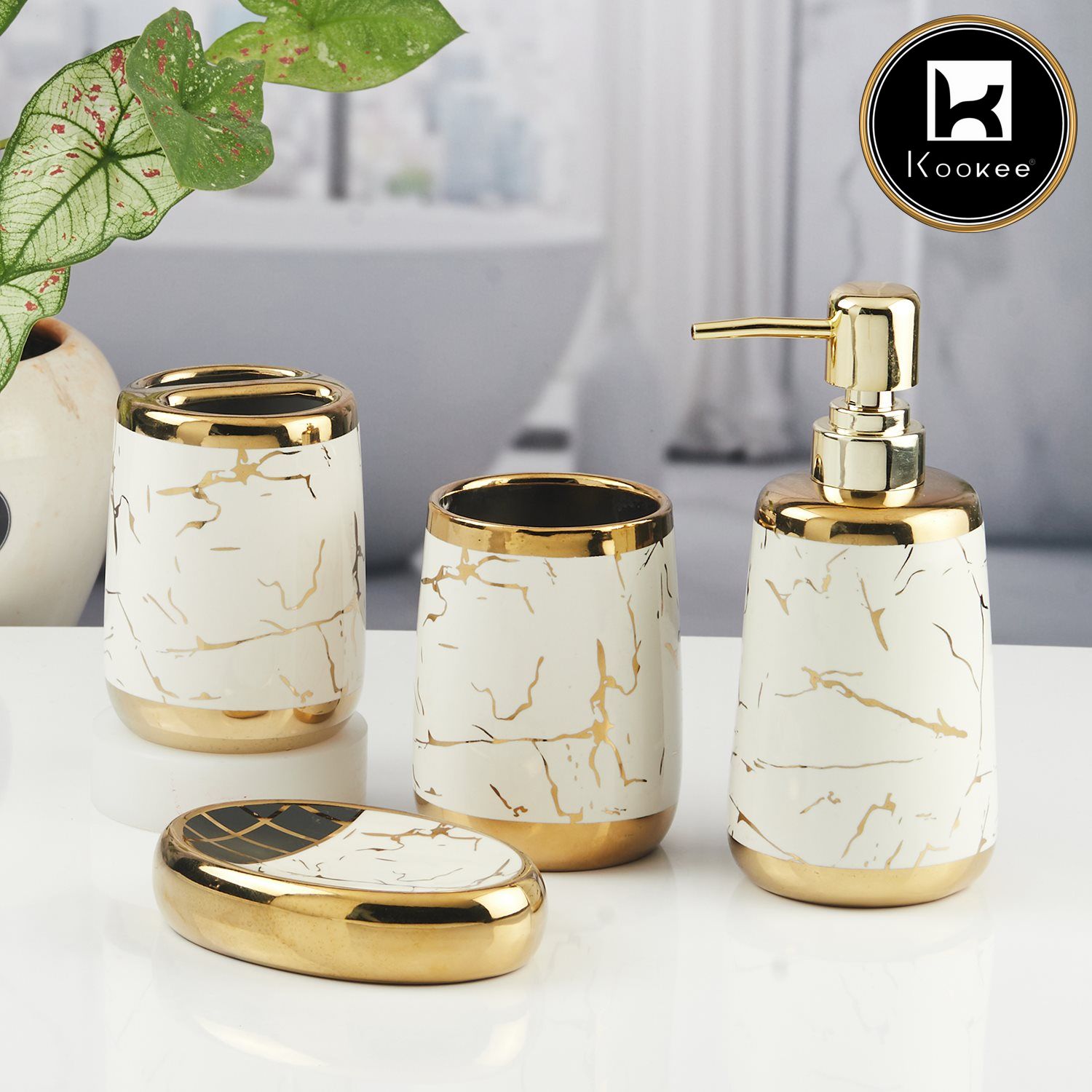 Ceramic Bathroom Accessories Set of 4 with Soap Dispenser (V-CBS-067-1)