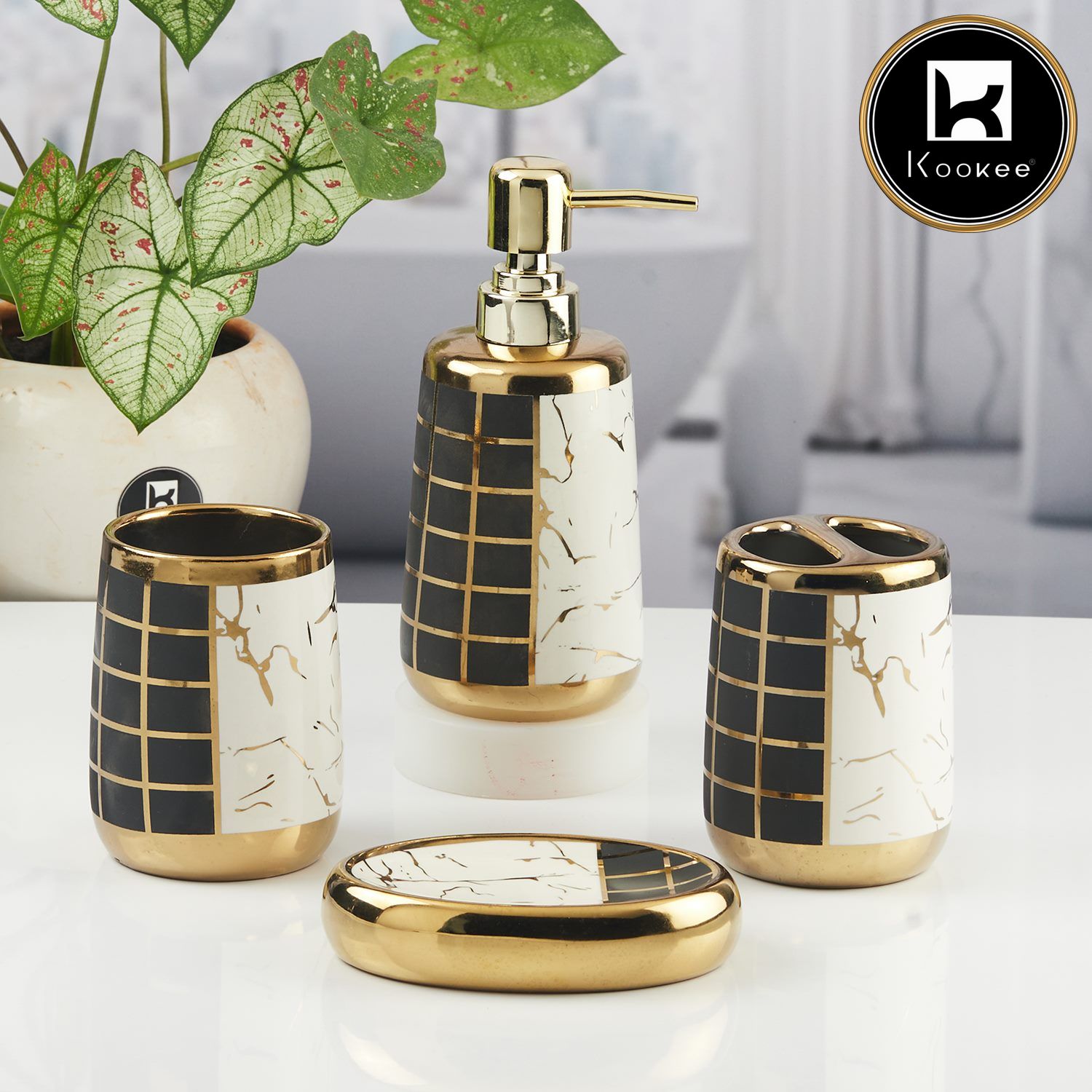 Ceramic Bathroom Accessories Set of 4 with Soap Dispenser (11440)