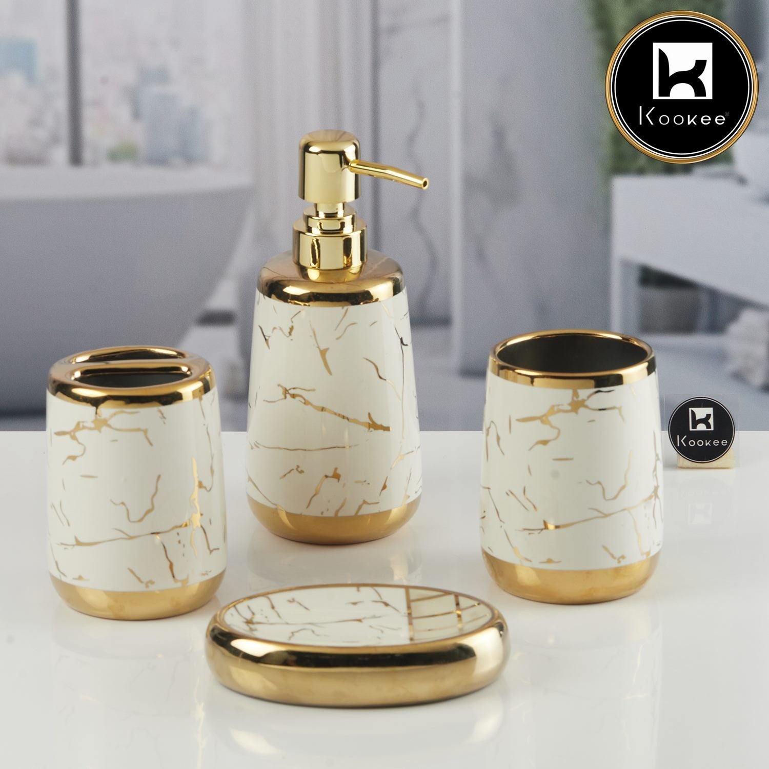 Ceramic Bathroom Accessories Set of 4 with Soap Dispenser (11441)