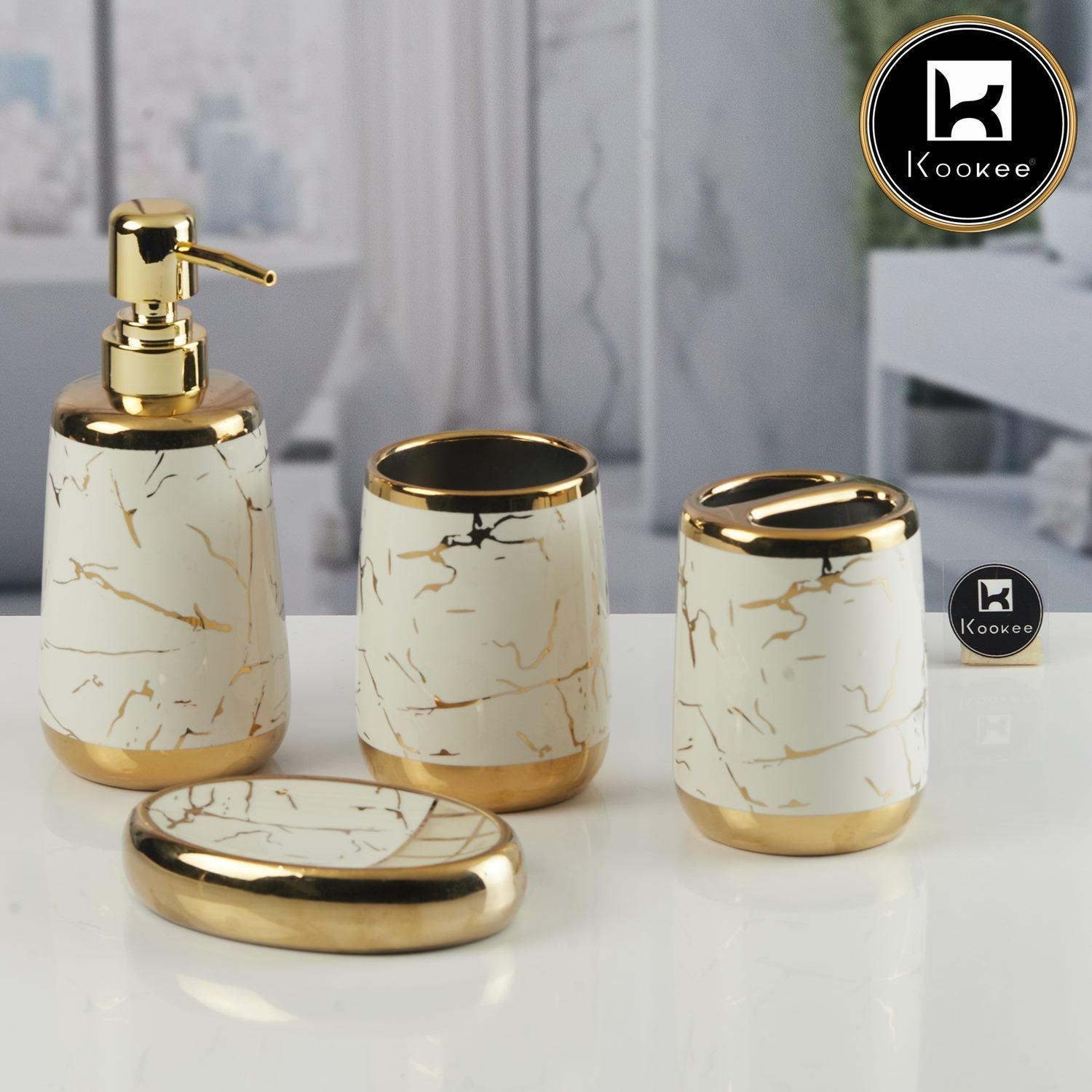 Kookee Ceramic Bathroom Accessories Set of 4, Modern Bath Set with Liquid handwash Soap Dispenser and Toothbrush holder, Luxury Gift Accessory for Home