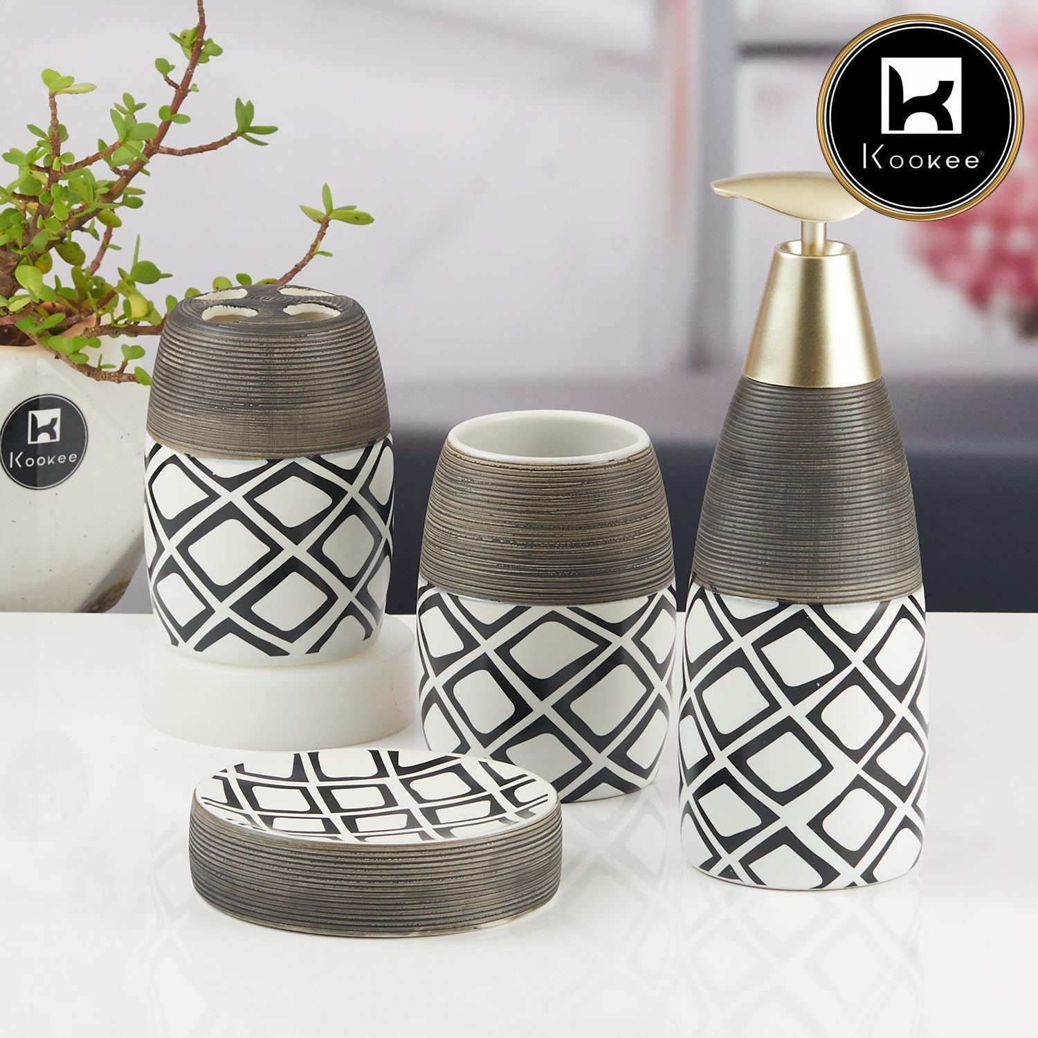 Ceramic Bathroom Accessories Set of 4 with Soap Dispenser (V-CBS-023-3)