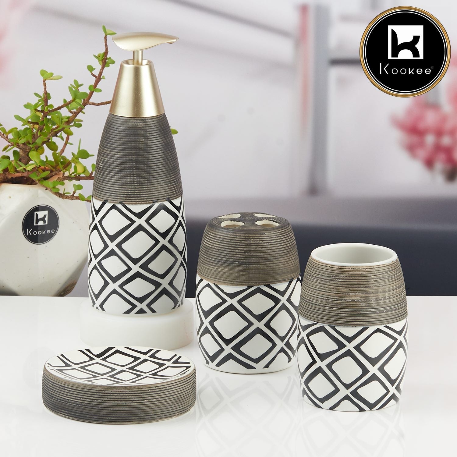 Ceramic Bathroom Accessories Set of 4 with Soap Dispenser (11442)