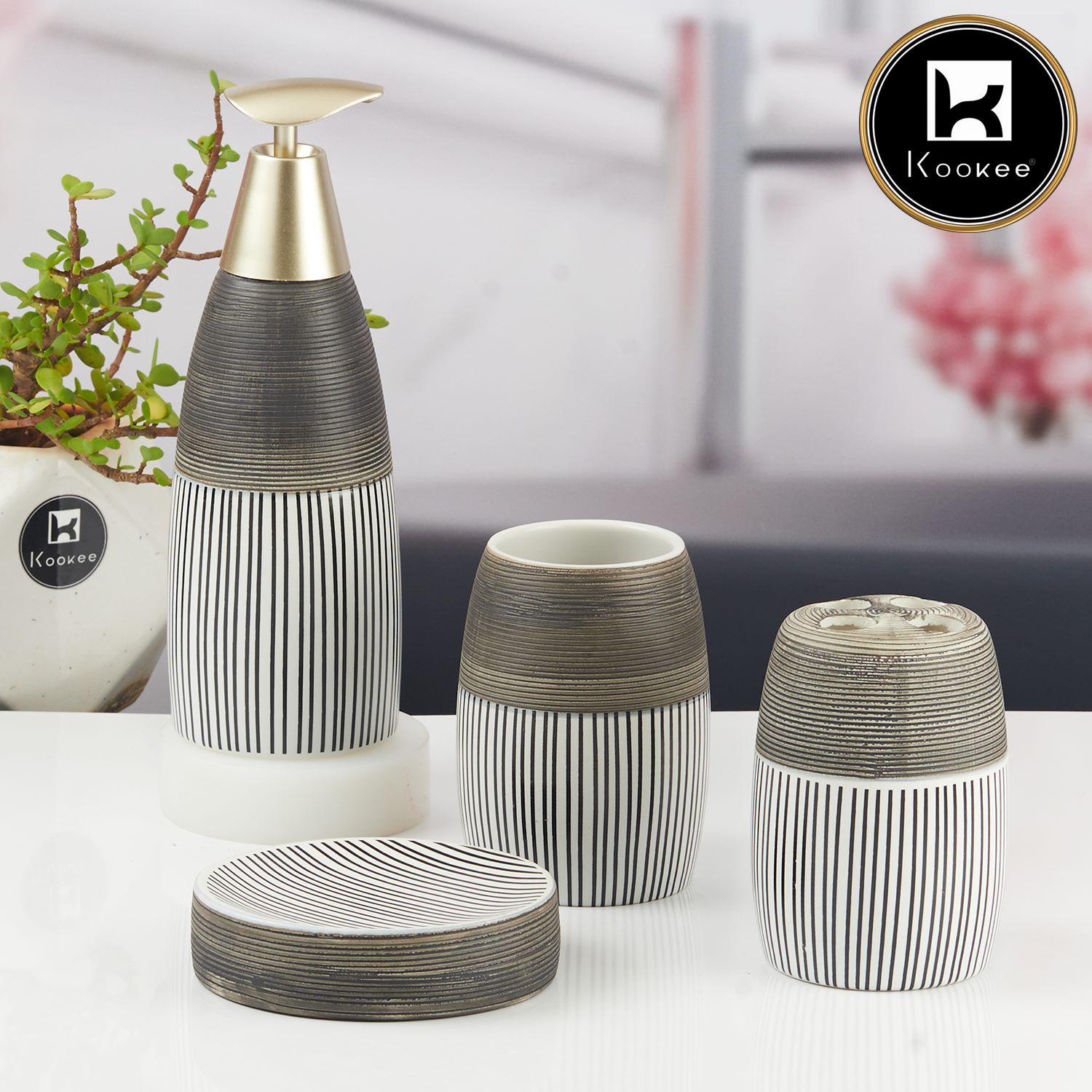 Ceramic Bathroom Accessories Set of 4 with Soap Dispenser (11443)