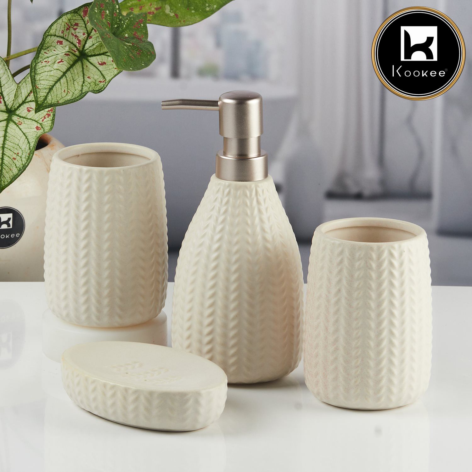 Ceramic Bathroom Accessories Set of 4 with Soap Dispenser (11444)