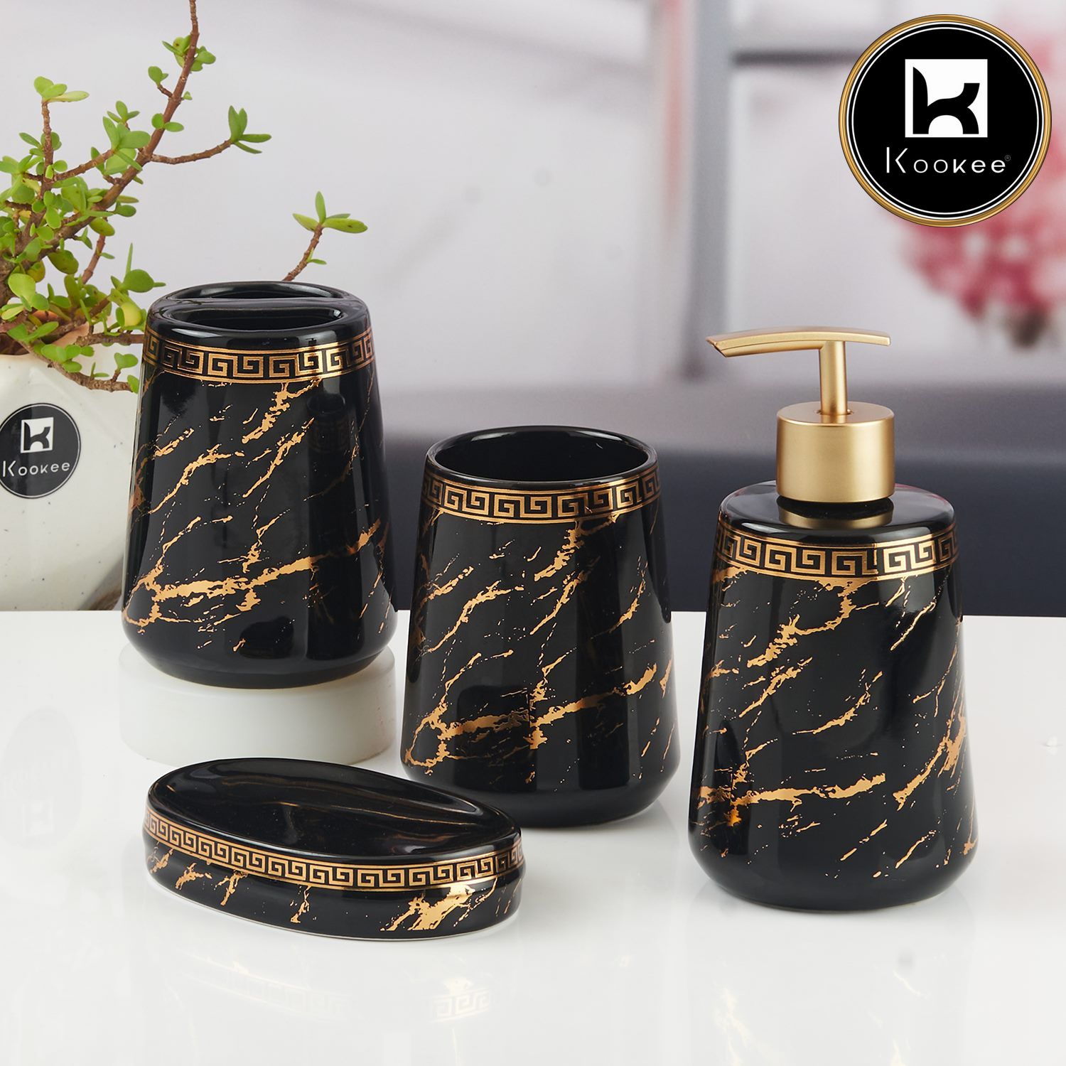 Ceramic Bathroom Accessories Set of 4 with Soap Dispenser (11447)