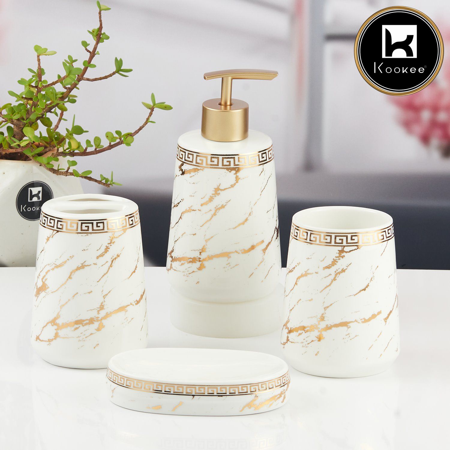 Ceramic Bathroom Accessories Set of 4 with Soap Dispenser (11448)