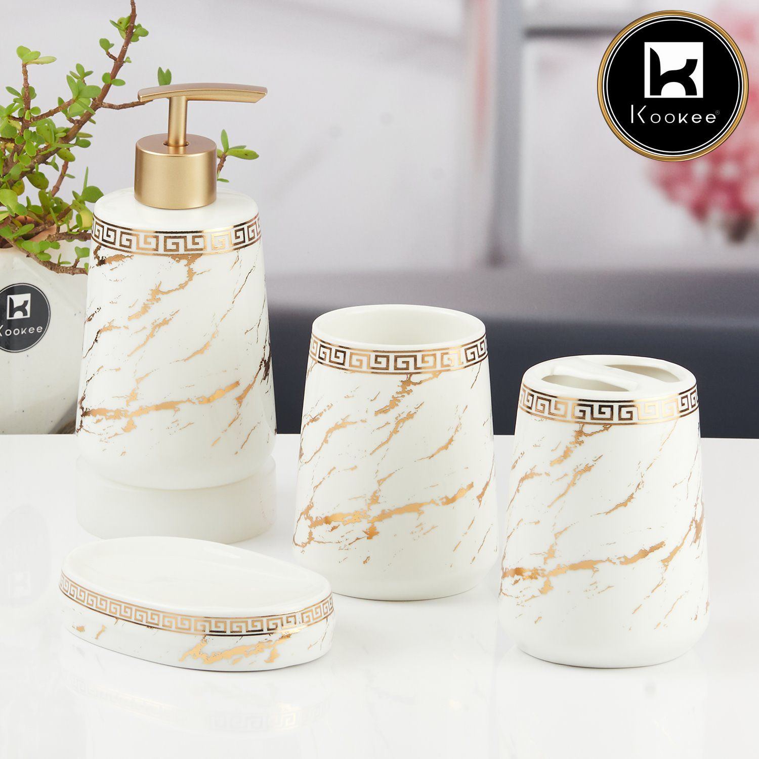 Kookee Ceramic Bathroom Accessories Set of 4, Modern Bath Set with Liquid handwash Soap Dispenser and Toothbrush holder, Luxury Gift Accessory for Home