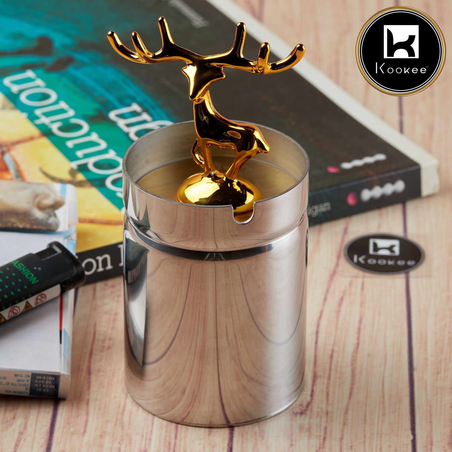 Kookee Stainless Steel Ash Tray with Lid for Cigarettes, X-Large, Set of 1 (11487)