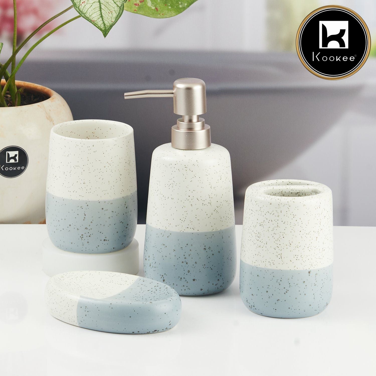 Ceramic Bathroom Accessories Set of 4 with Soap Dispenser (11501)